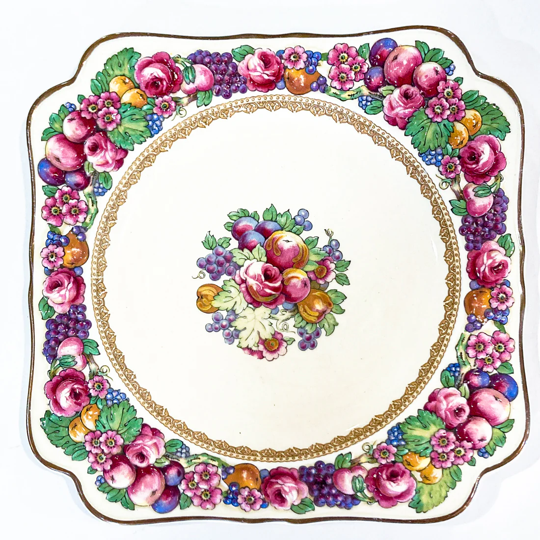 Set of Ten Vintage Crown Ducal Fruit and Flower Motif Square Florentine Dessert Salad Plates - Image 17