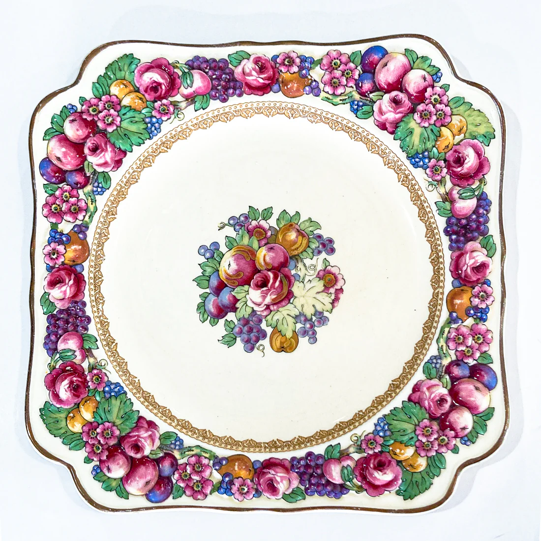 Set of Ten Vintage Crown Ducal Fruit and Flower Motif Square Florentine Dessert Salad Plates - Image 8