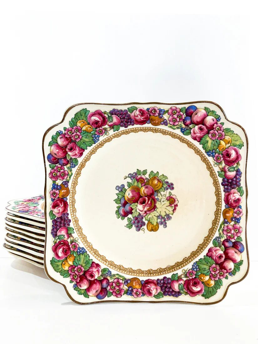 Set of Ten Vintage Crown Ducal Fruit and Flower Motif Square Florentine Dessert Salad Plates - Image 9