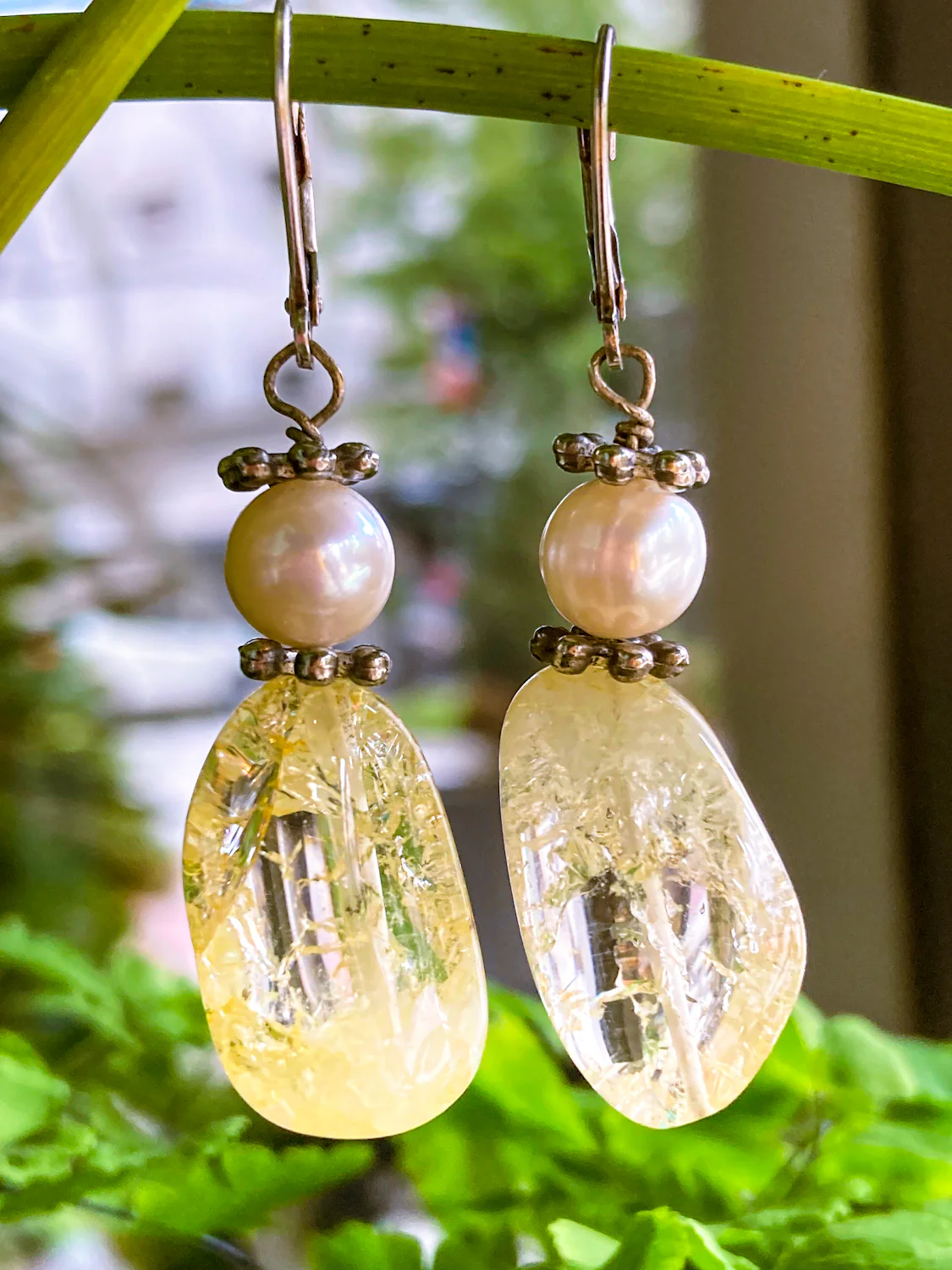 Sterling Silver Cultured Pearl Yellow Faux Quartz Glass Drop Dangle Earrings - Image 3