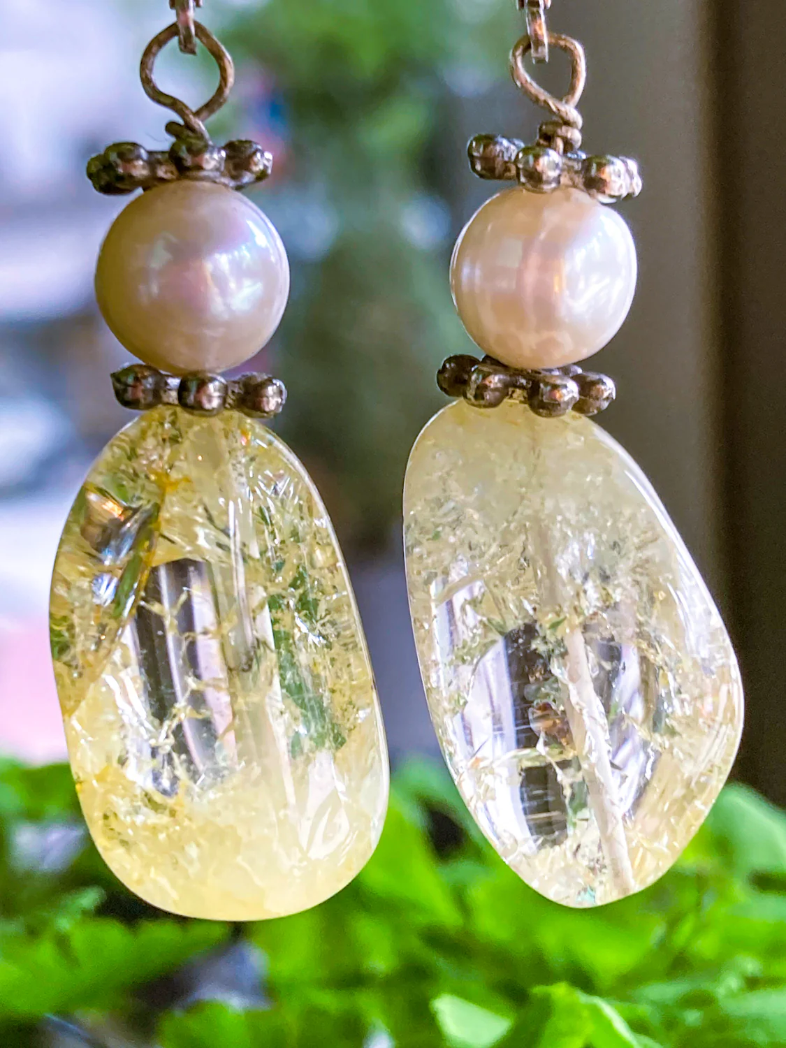 Sterling Silver Cultured Pearl Yellow Faux Quartz Glass Drop Dangle Earrings - Image 4