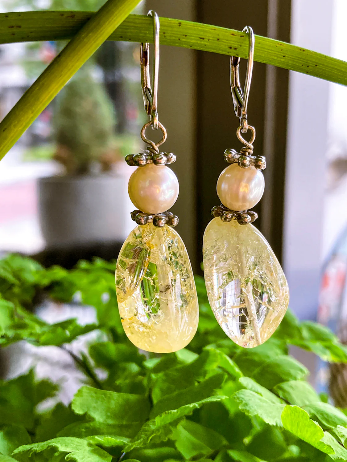 Sterling Silver Cultured Pearl Yellow Faux Quartz Glass Drop Dangle Earrings - Image 5