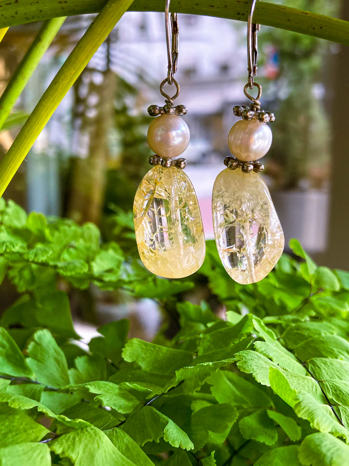 Sterling Silver Cultured Pearl Yellow Faux Quartz Glass Drop Dangle Earrings - Image 6