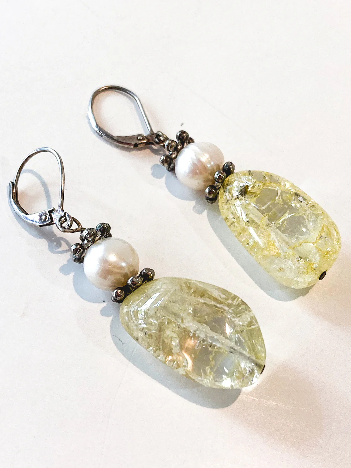 Sterling Silver Cultured Pearl Yellow Faux Quartz Glass Drop Dangle Earrings - Image 7