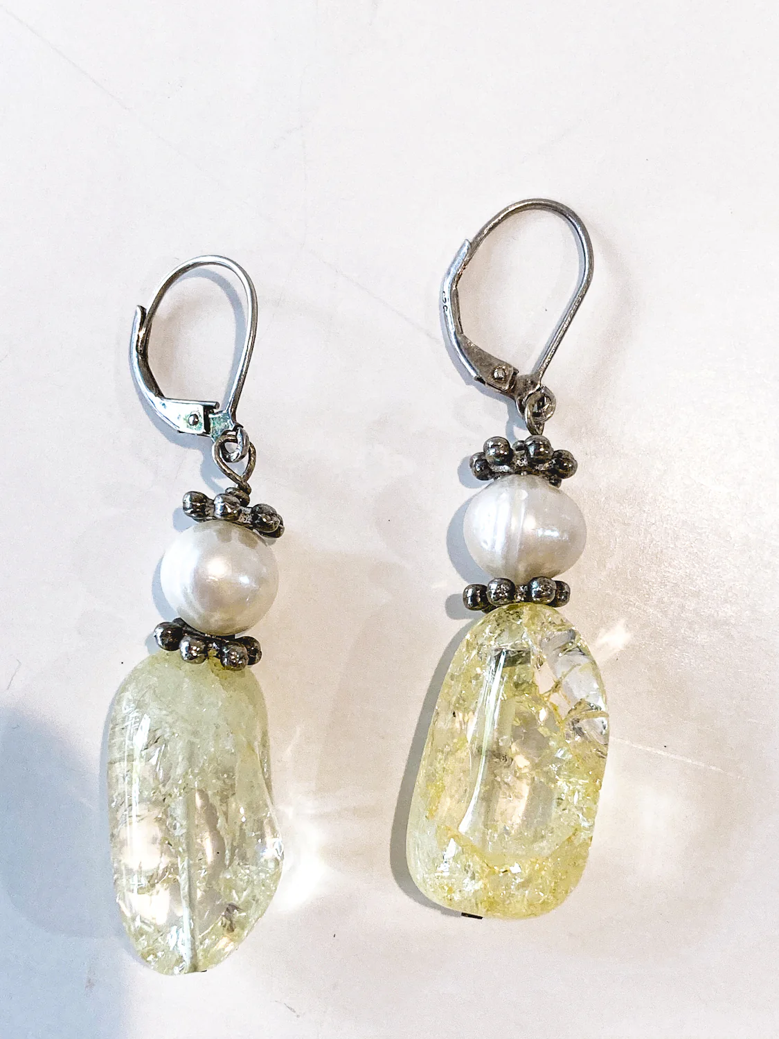 Sterling Silver Cultured Pearl Yellow Faux Quartz Glass Drop Dangle Earrings - Image 8