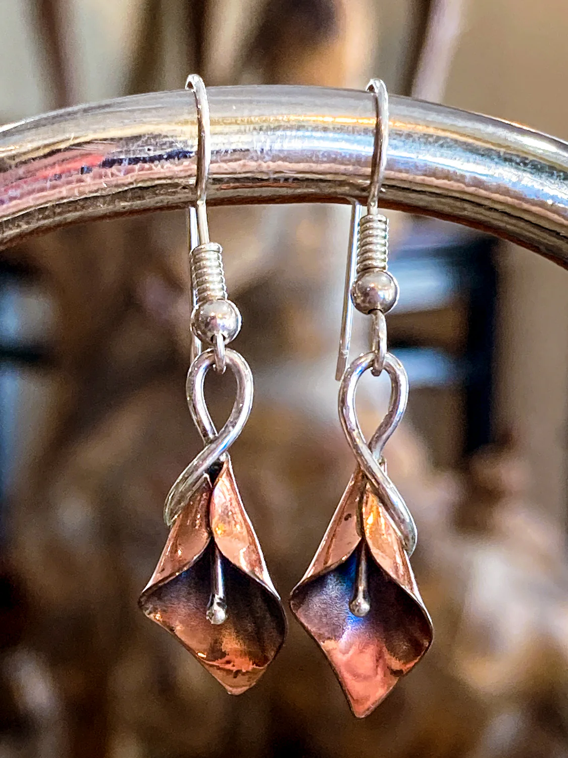 Artisan Stuart Nye Sterling Silver Copper Lily French Drop Dangle Earrings - Image 4