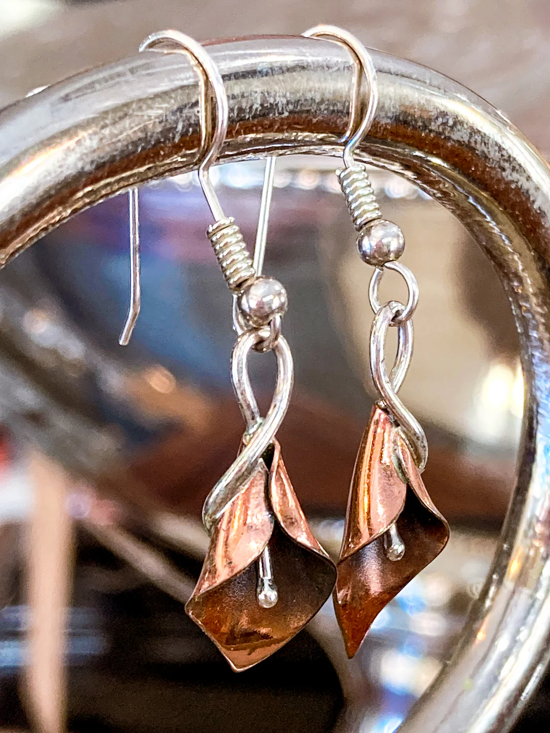 Artisan Stuart Nye Sterling Silver Copper Lily French Drop Dangle Earrings - Image 6