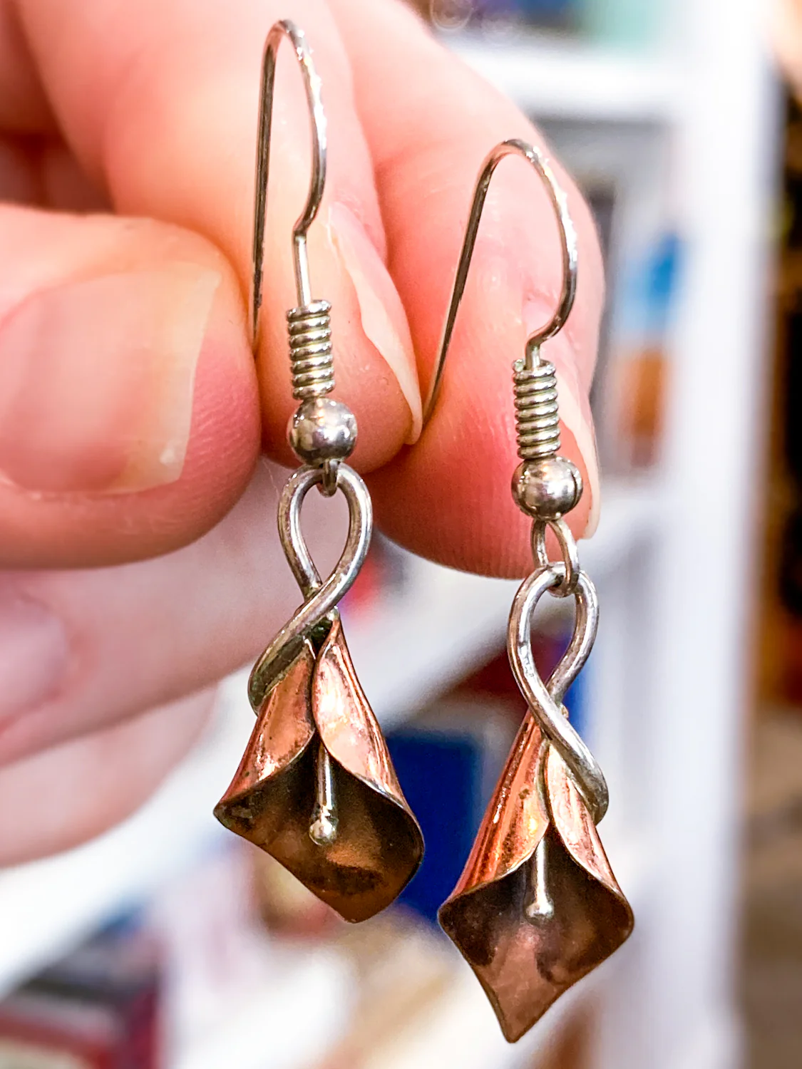 Artisan Stuart Nye Sterling Silver Copper Lily French Drop Dangle Earrings - Image 7