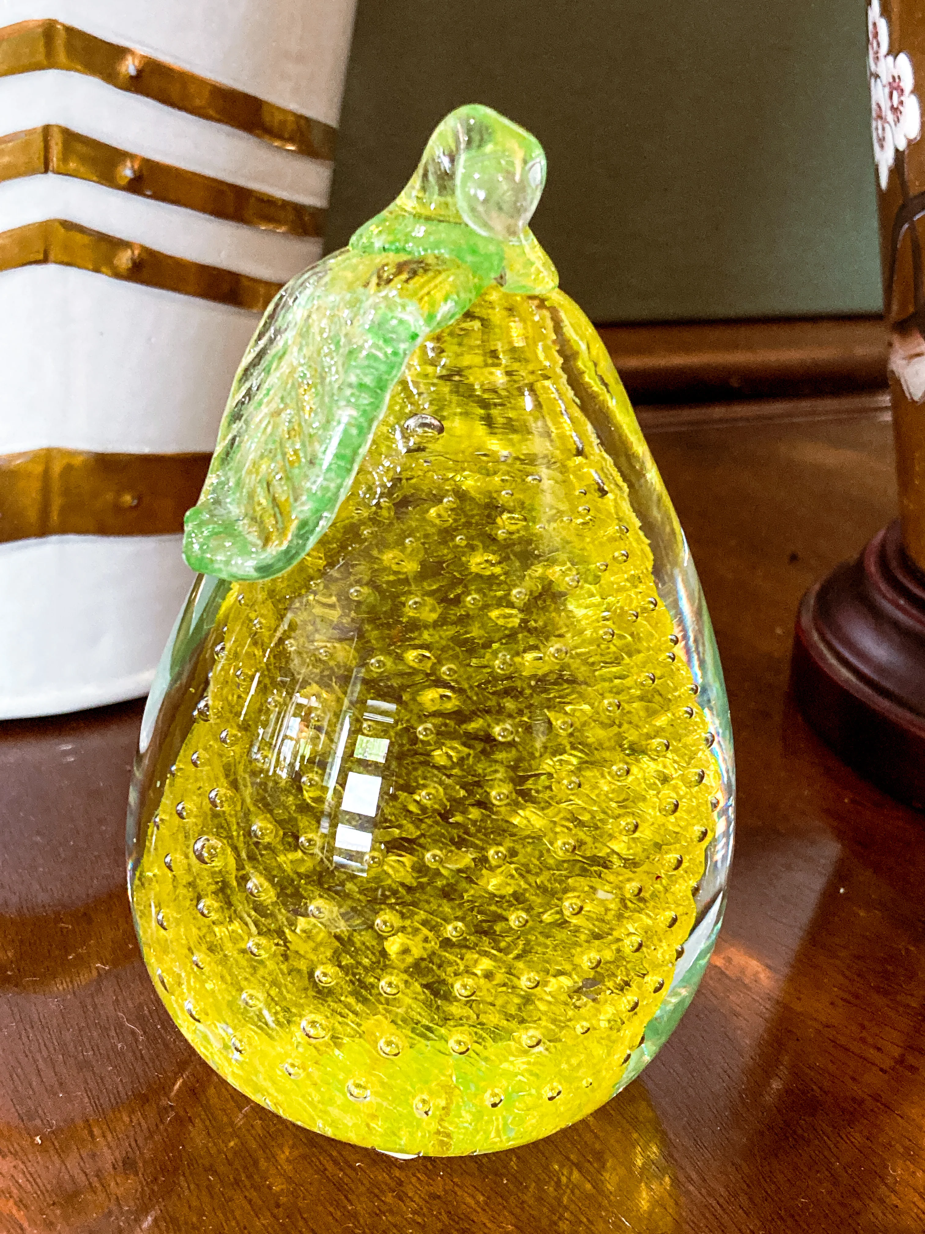 Colorful Unsigned Blown Bubble Glass Yellow Pear Fruit Paperweight - Image 3