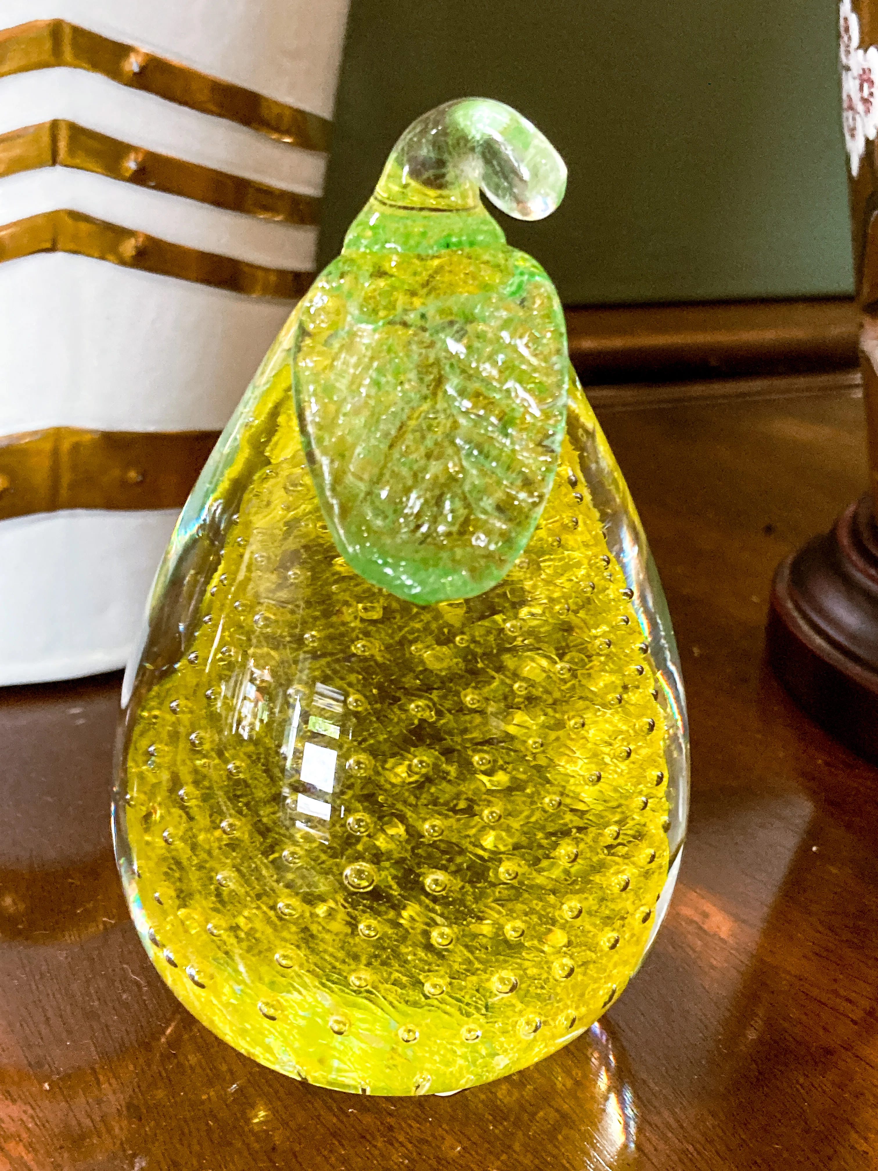 Colorful Unsigned Blown Bubble Glass Yellow Pear Fruit Paperweight - Image 4