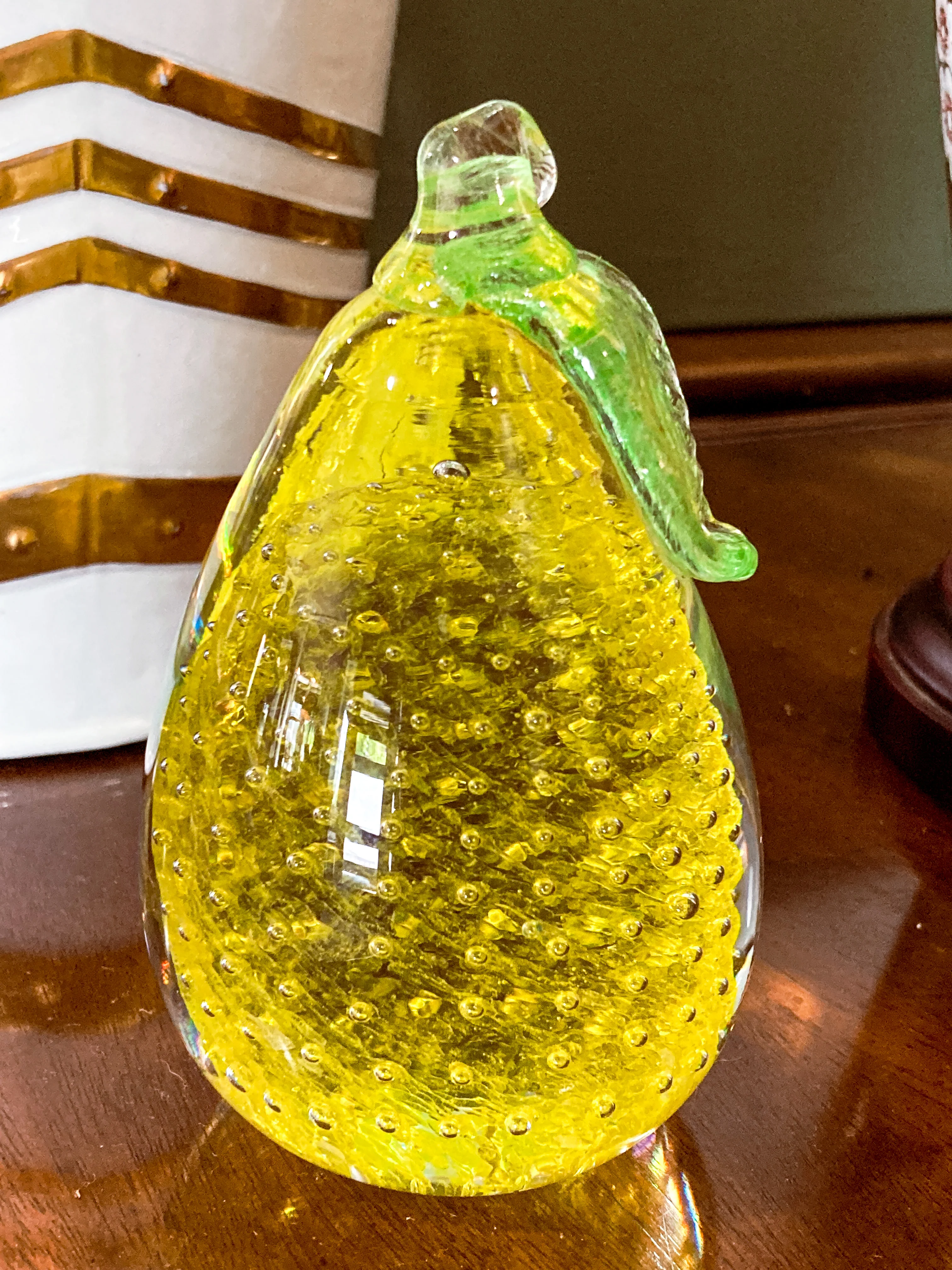 Colorful Unsigned Blown Bubble Glass Yellow Pear Fruit Paperweight - Image 5