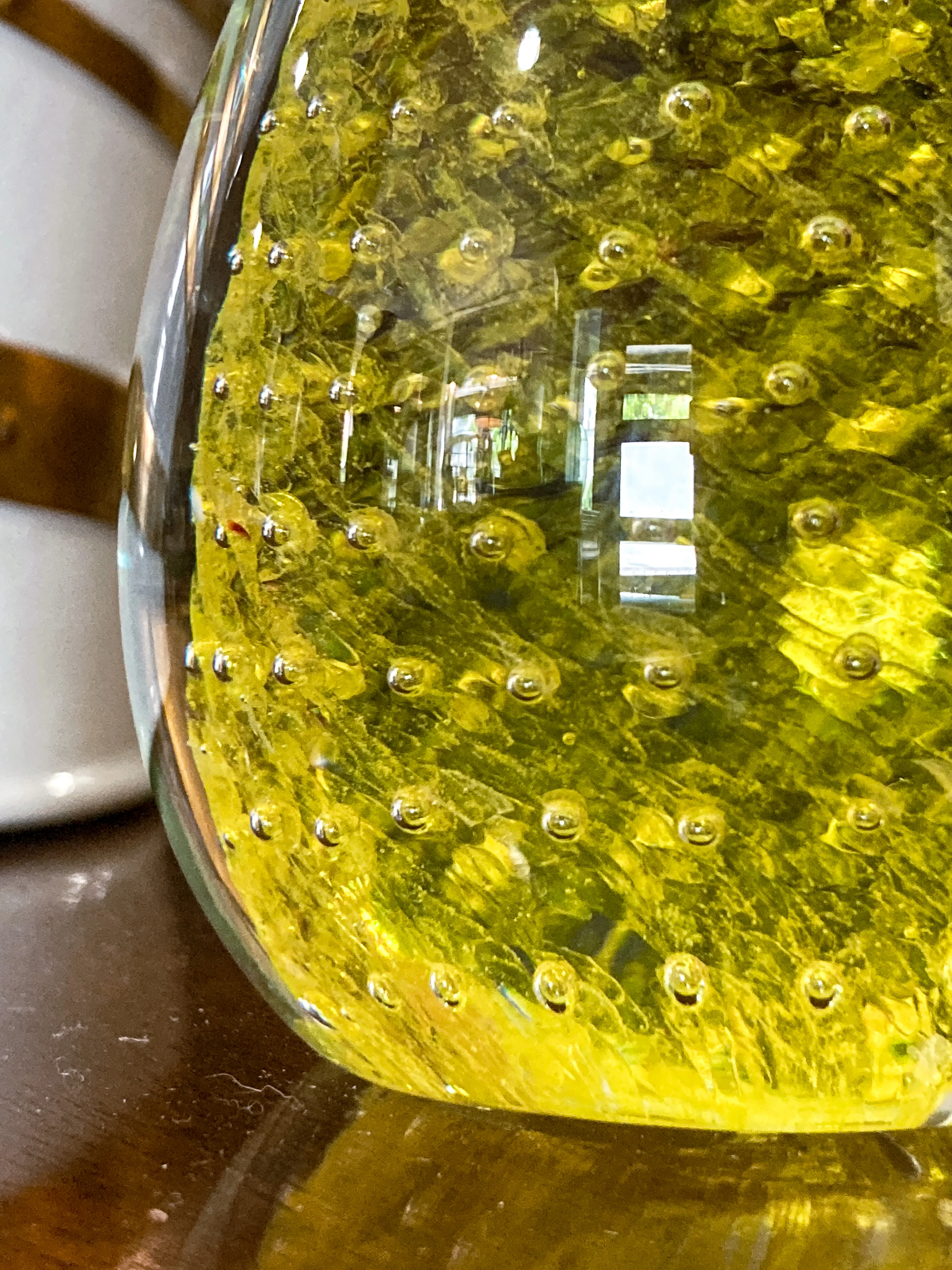 Colorful Unsigned Blown Bubble Glass Yellow Pear Fruit Paperweight - Image 6