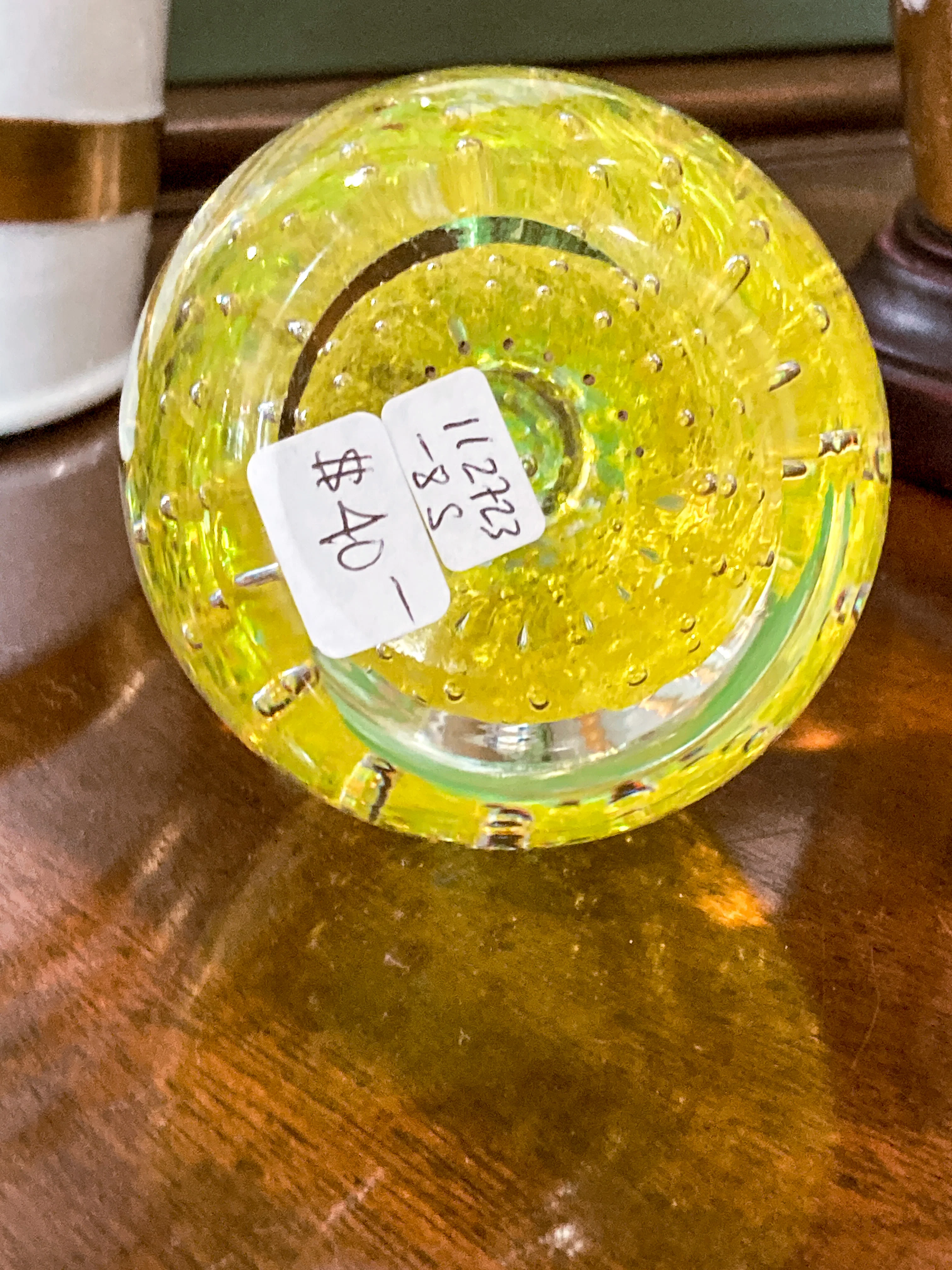 Colorful Unsigned Blown Bubble Glass Yellow Pear Fruit Paperweight - Image 9