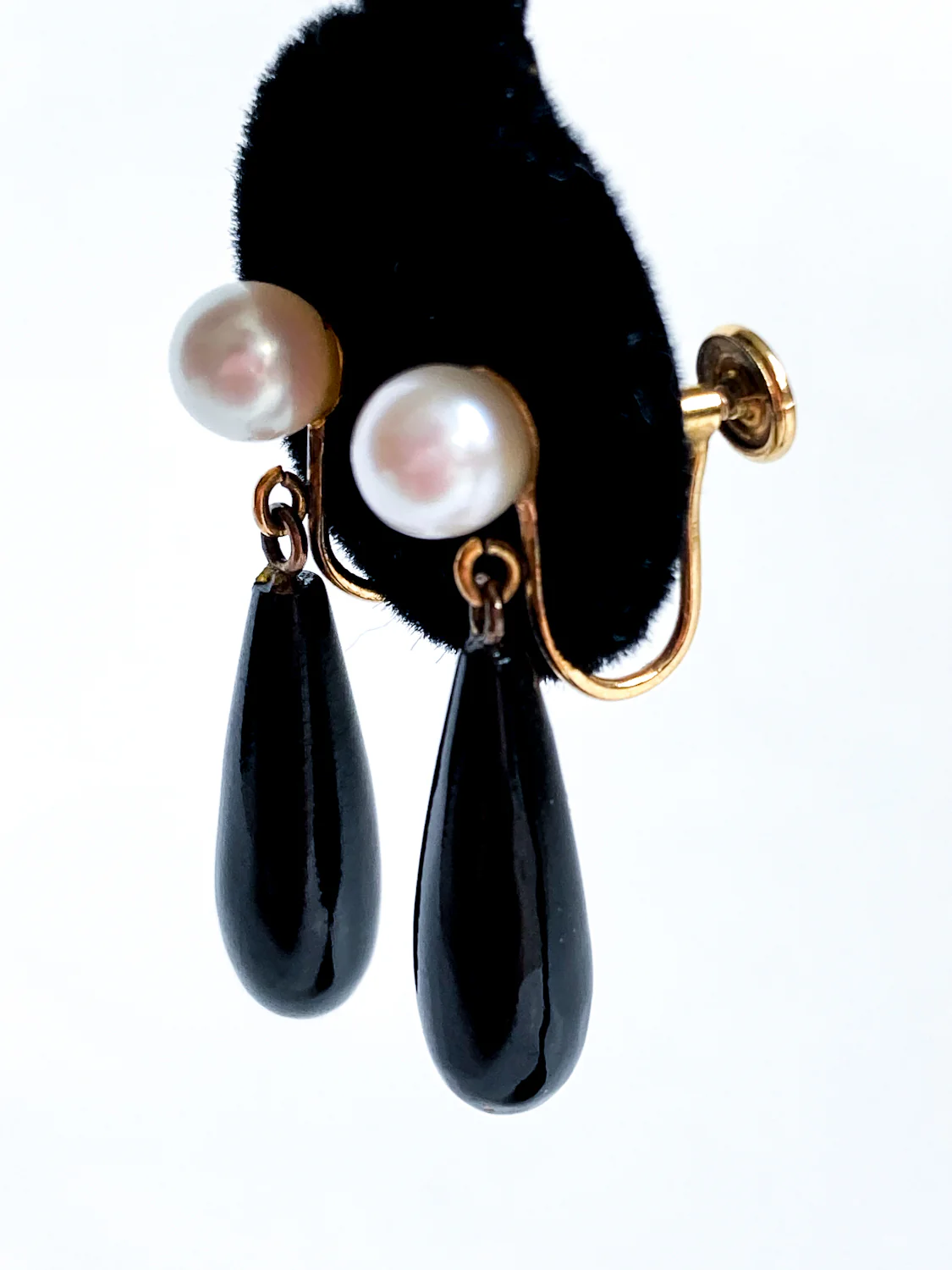 Vintage 12K Gold Filled Pearl Black Tear Drop Dangle Screwback Earrings - Image 12