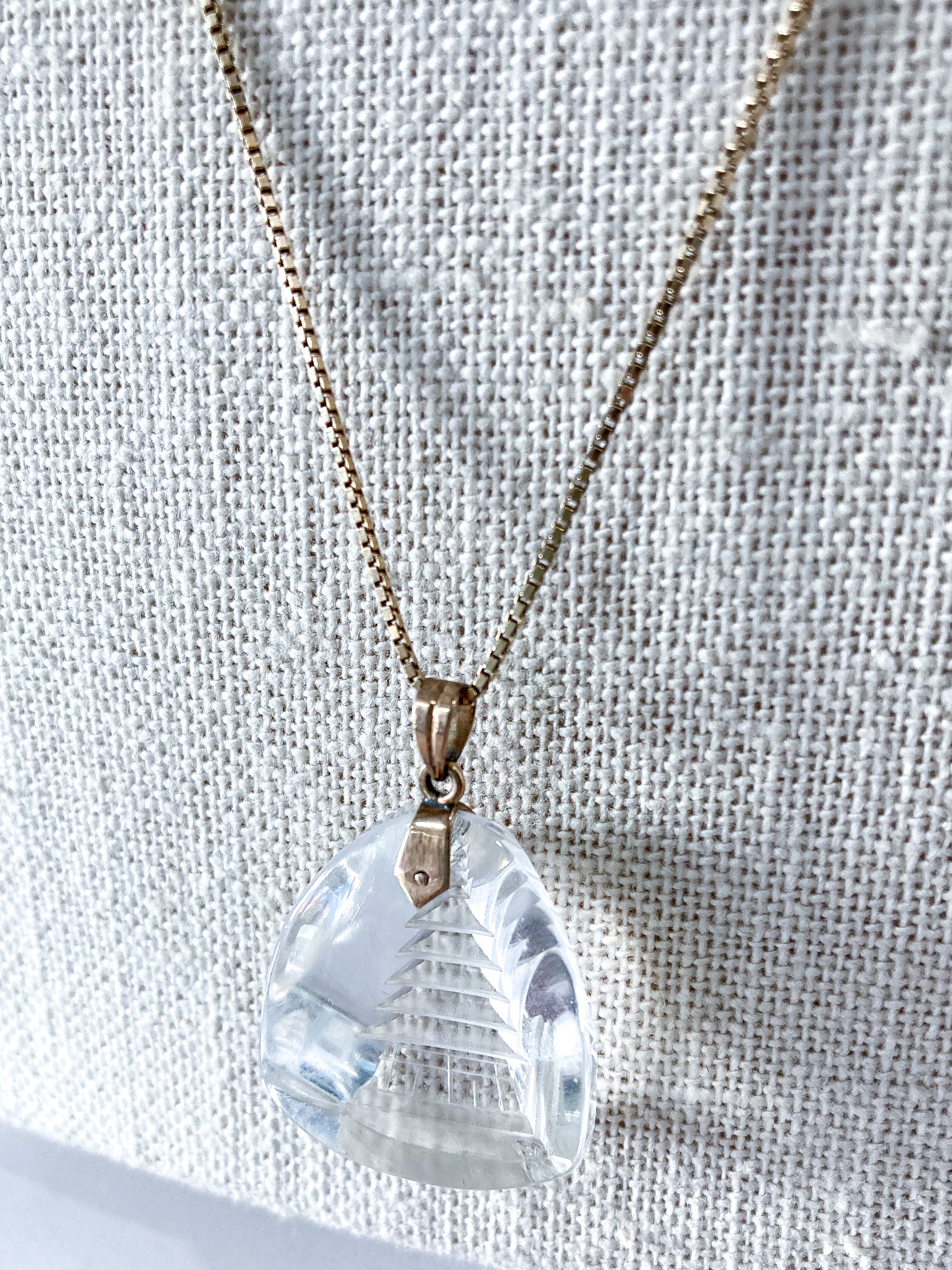 Vintage 14k Gold Carved Crystal Pagoda Necklace Earrings Japan Jewelry Set - Image 11