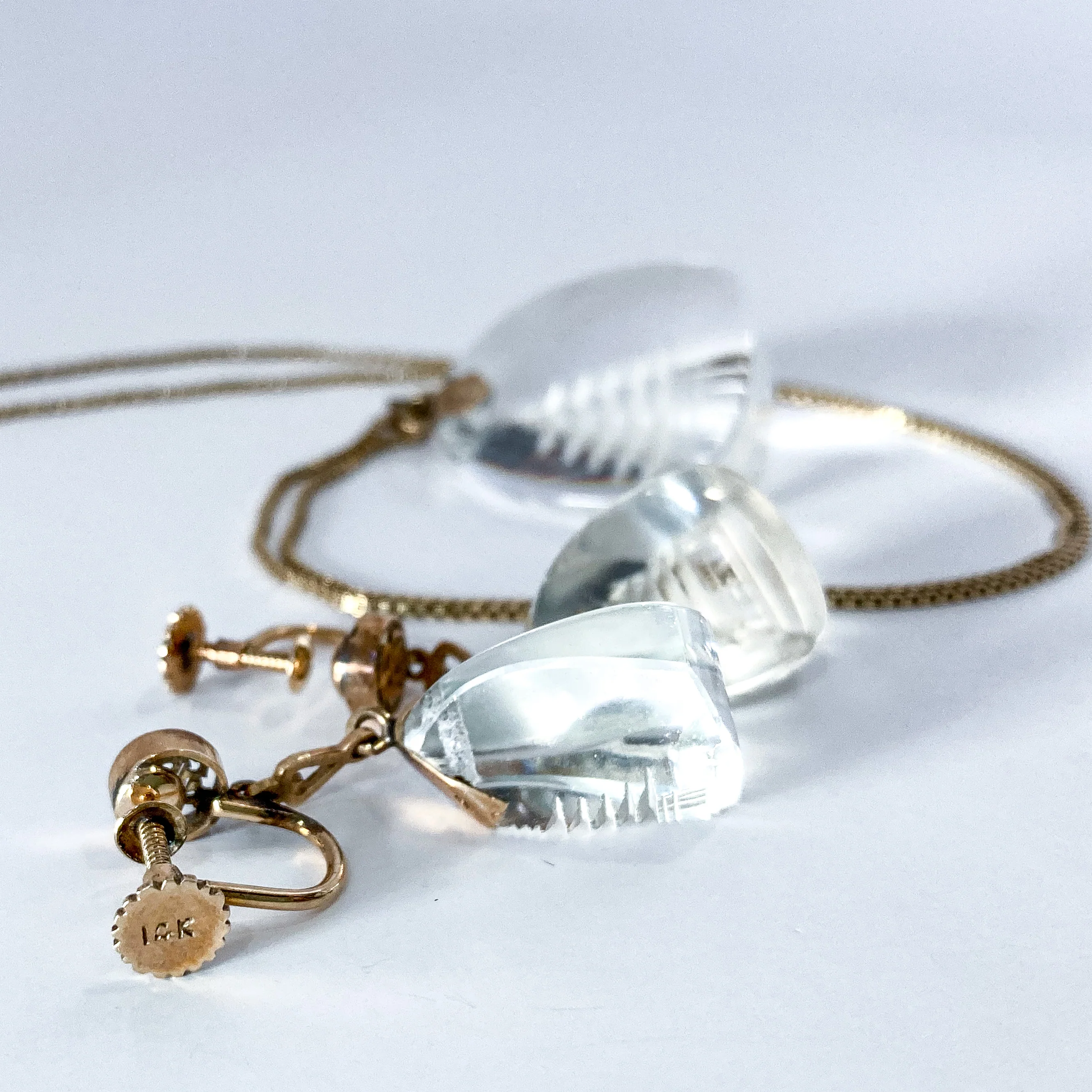 Vintage 14k Gold Carved Crystal Pagoda Necklace Earrings Japan Jewelry Set - Image 12