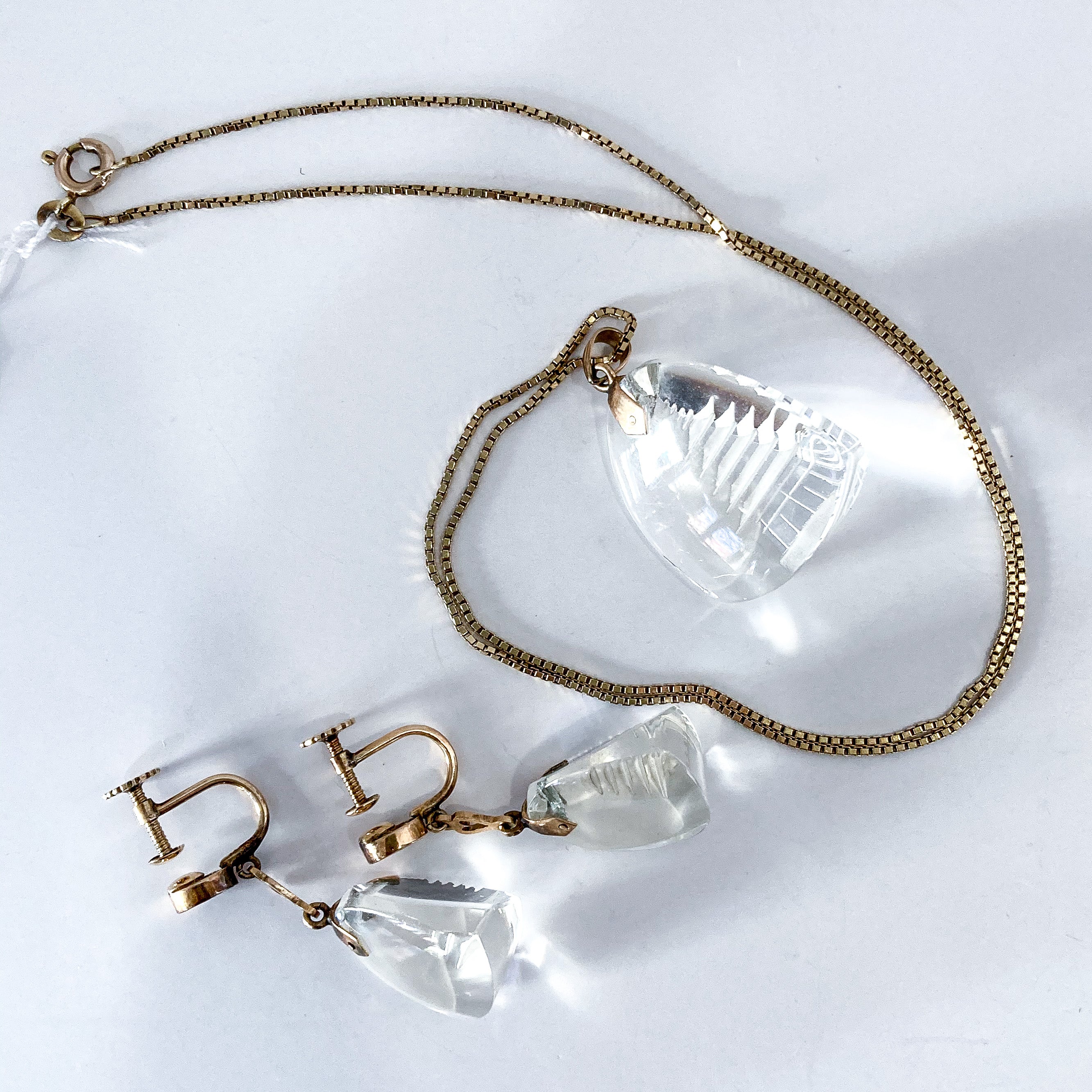 Vintage 14k Gold Carved Crystal Pagoda Necklace Earrings Japan Jewelry Set - Image 9