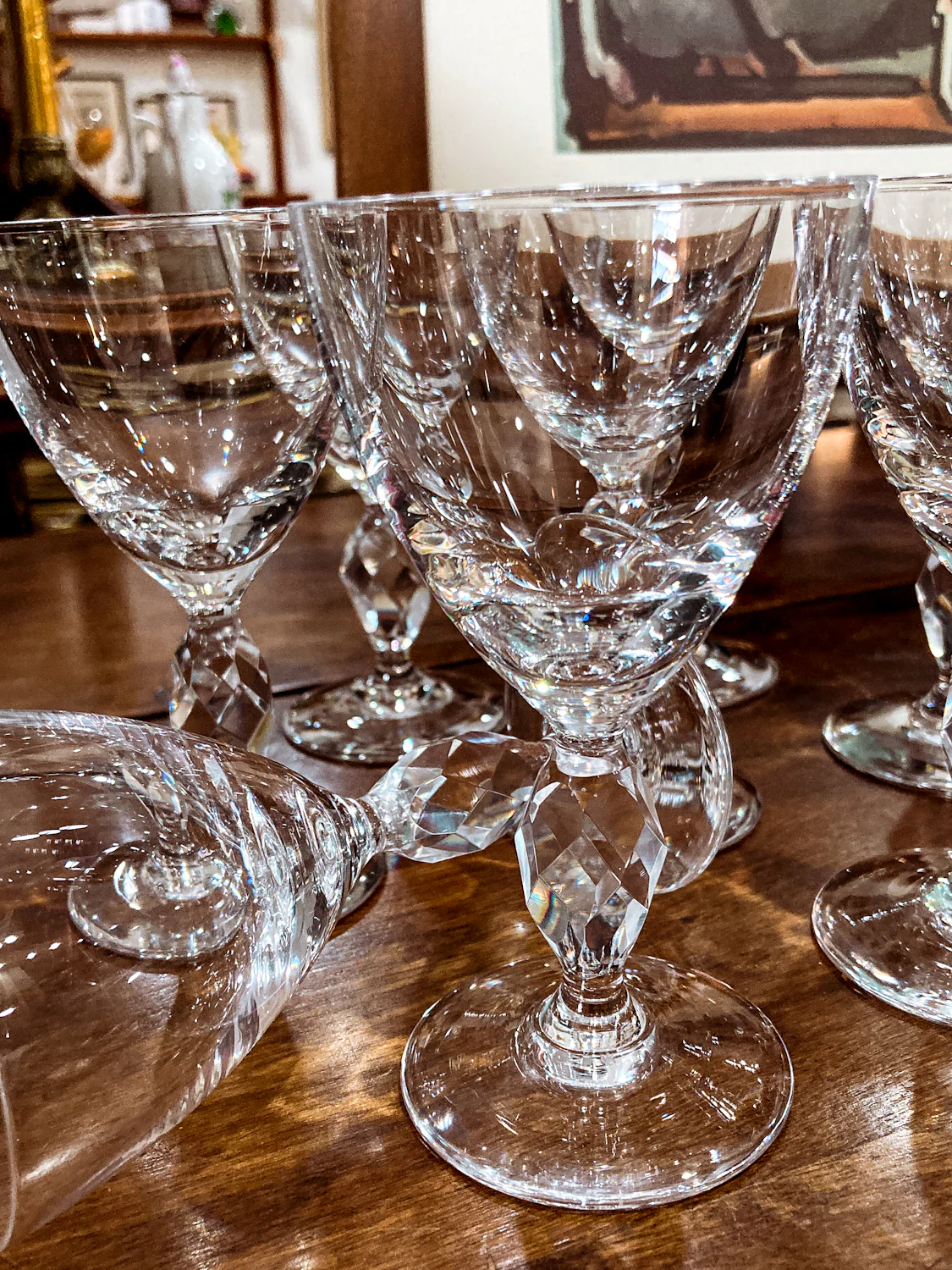 Vintage 1950s Set of Eight Paneled Stem Clear Glass Sherry Glasses - Image 6