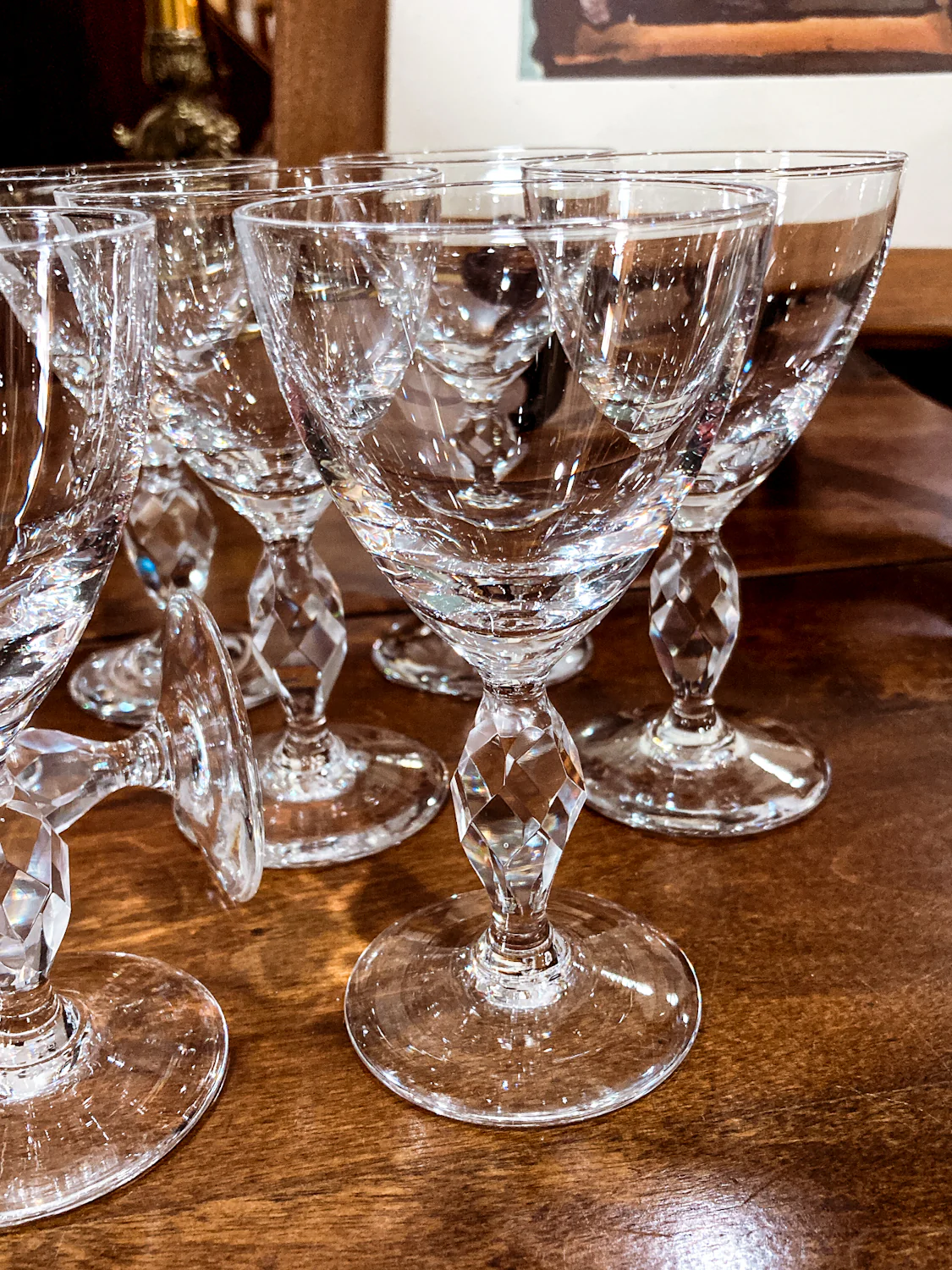 Vintage 1950s Set of Eight Paneled Stem Clear Glass Sherry Glasses - Image 7