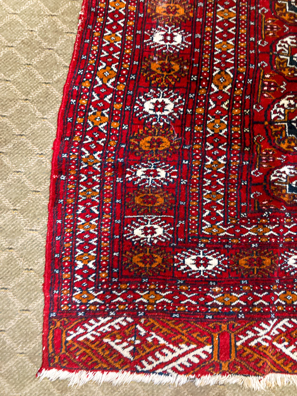 Vintage 1960s Red Orange Pakistan Hand Woven Wool 8x5 ft Area Rug - Image 8