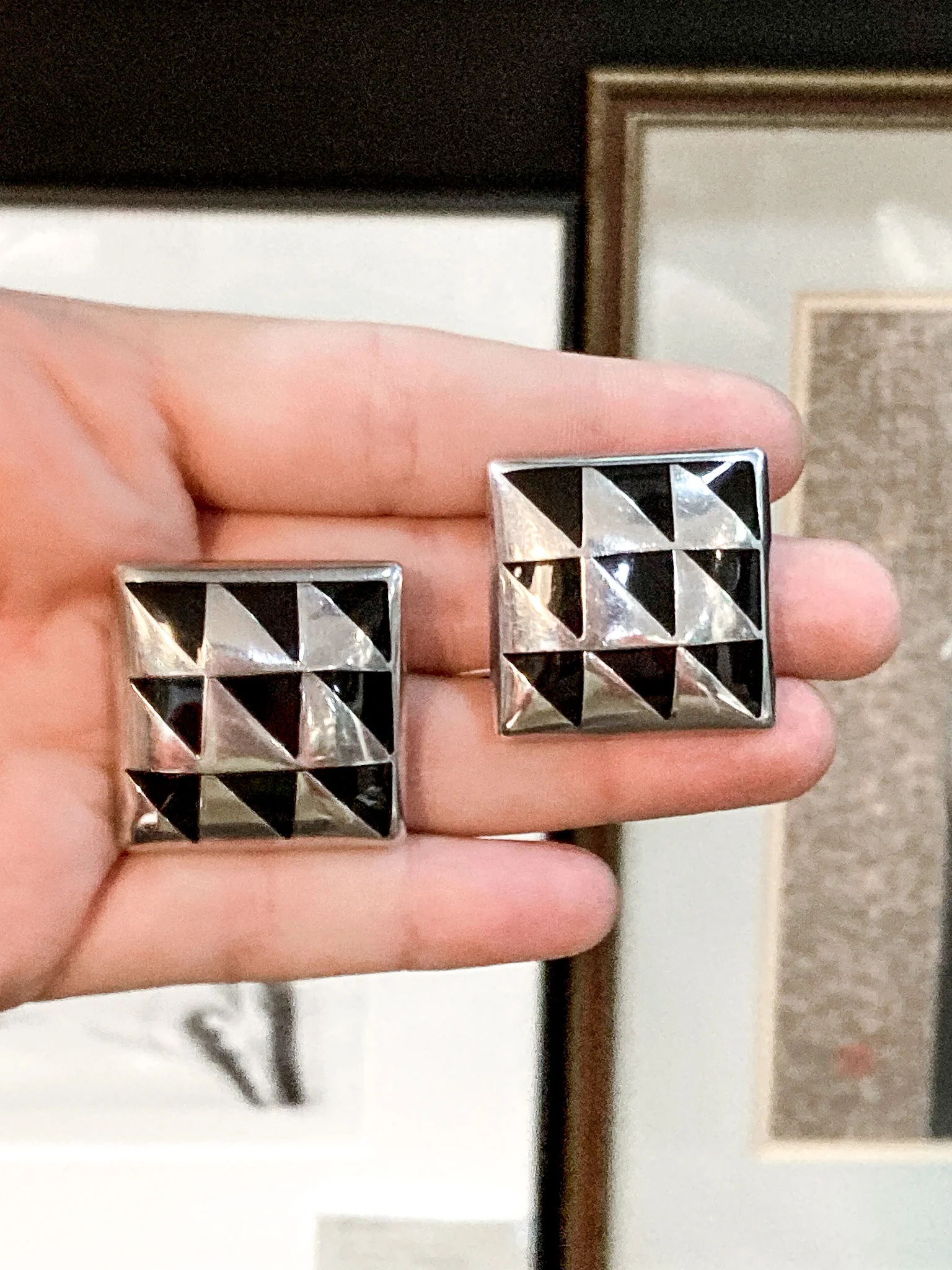 Vintage Abstract Contrast Black Sterling Silver Clip On Statement Earrings - Image 4