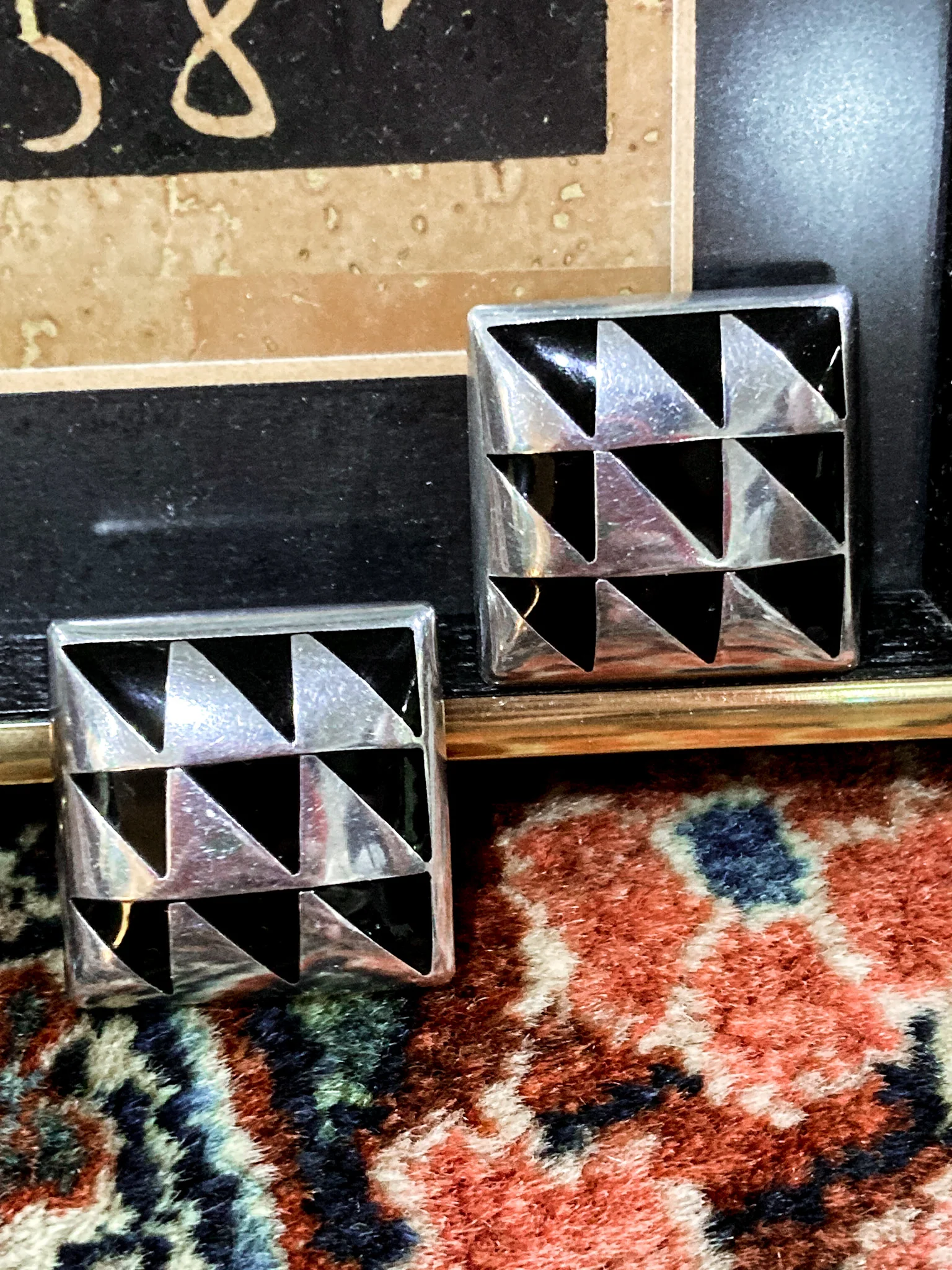 Vintage Abstract Contrast Black Sterling Silver Clip On Statement Earrings - Image 6