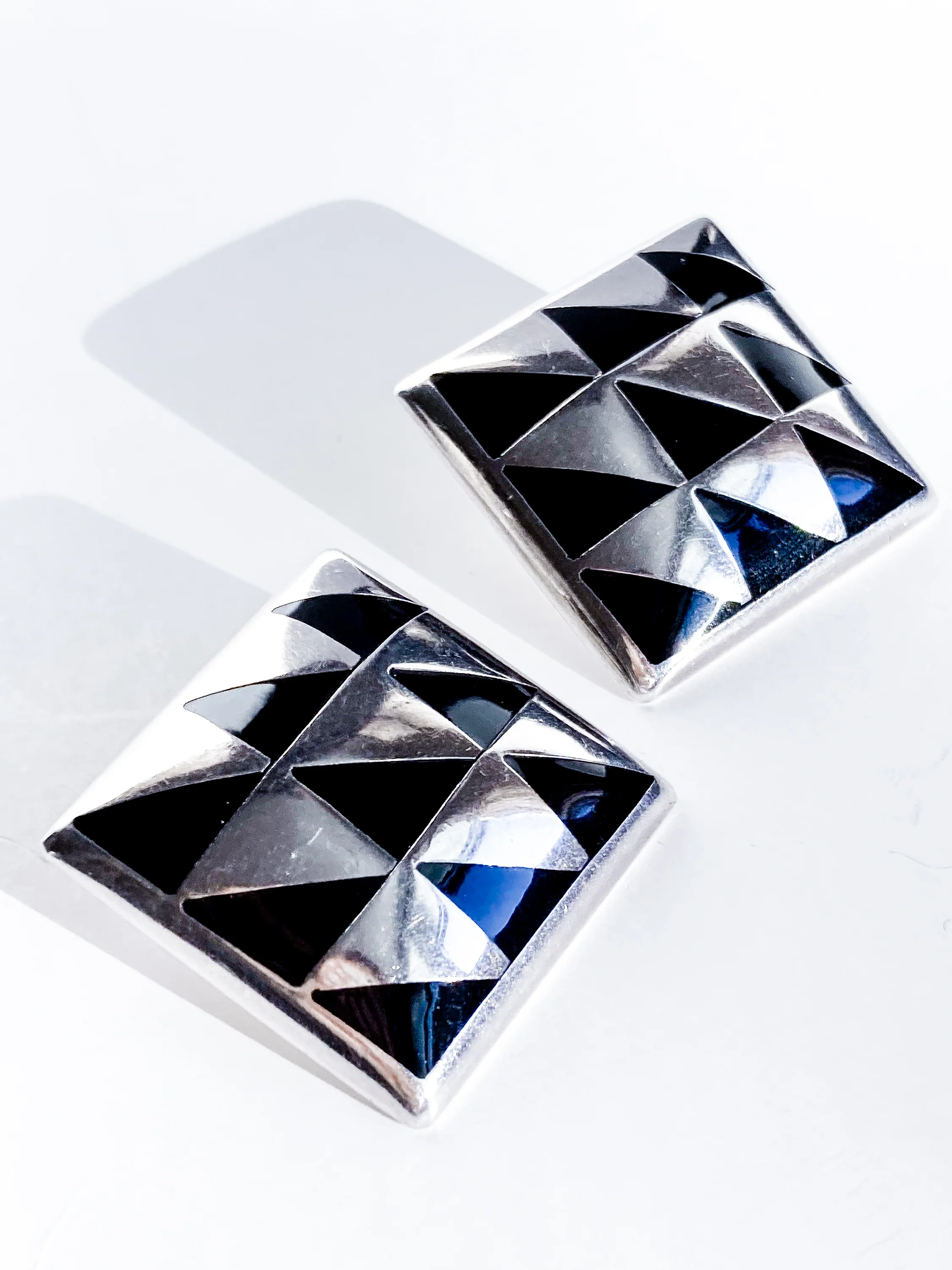 Vintage Abstract Contrast Black Sterling Silver Clip On Statement Earrings - Image 7