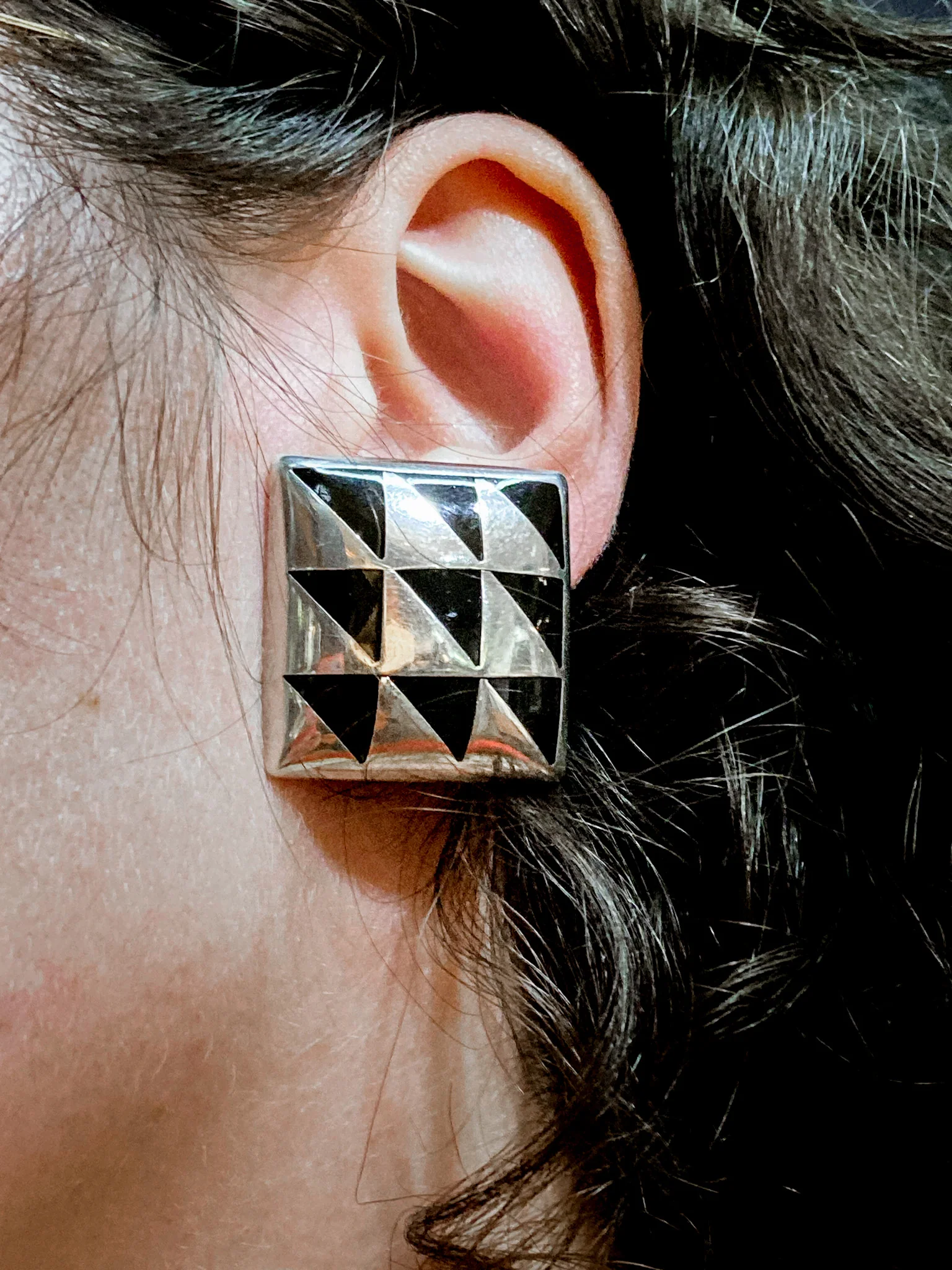 Vintage Abstract Contrast Black Sterling Silver Clip On Statement Earrings - Image 8