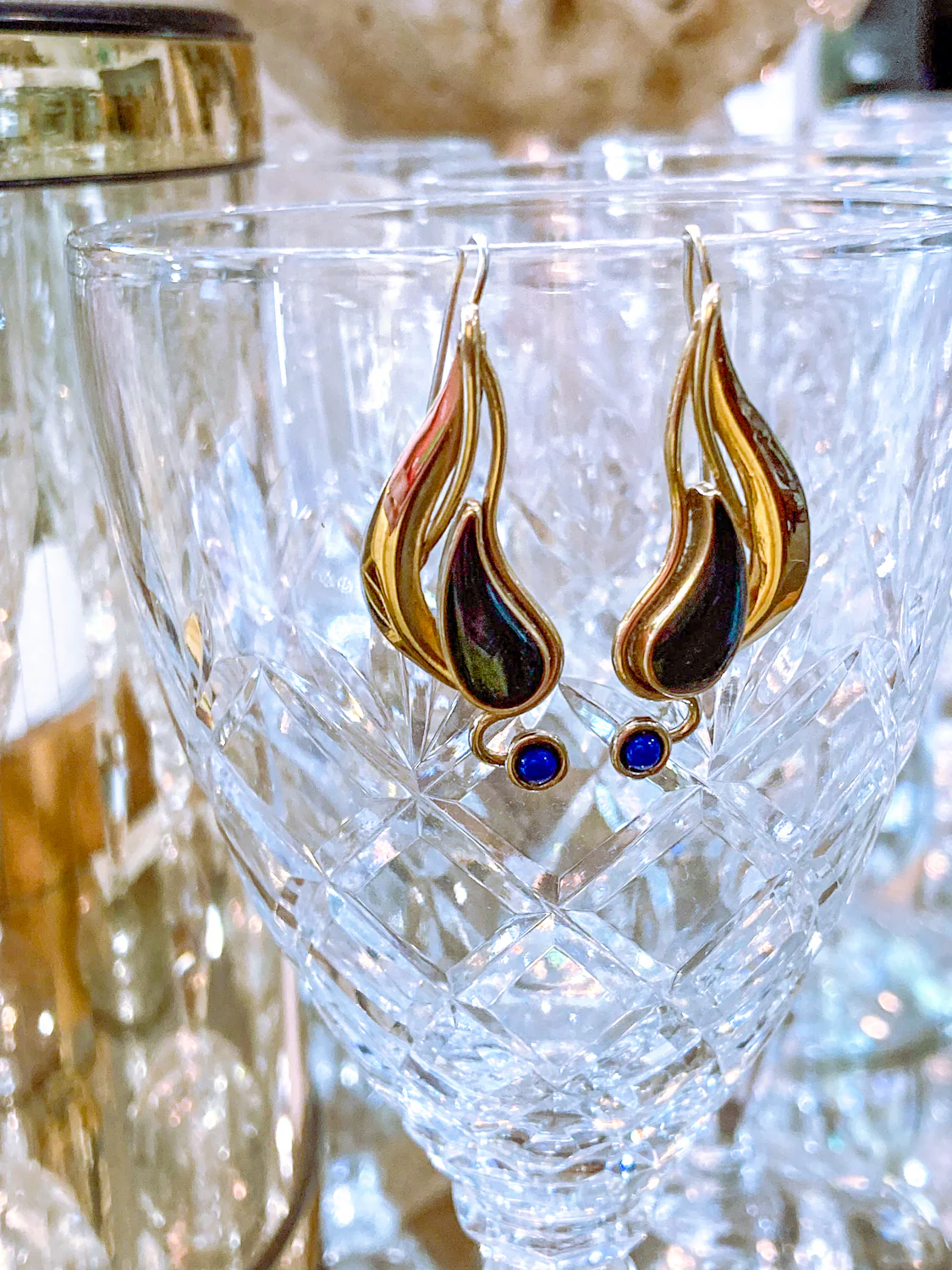 Vintage Abstract Gold Silver Tear Drop Green Blue Accent Drop Earrings - Image 11