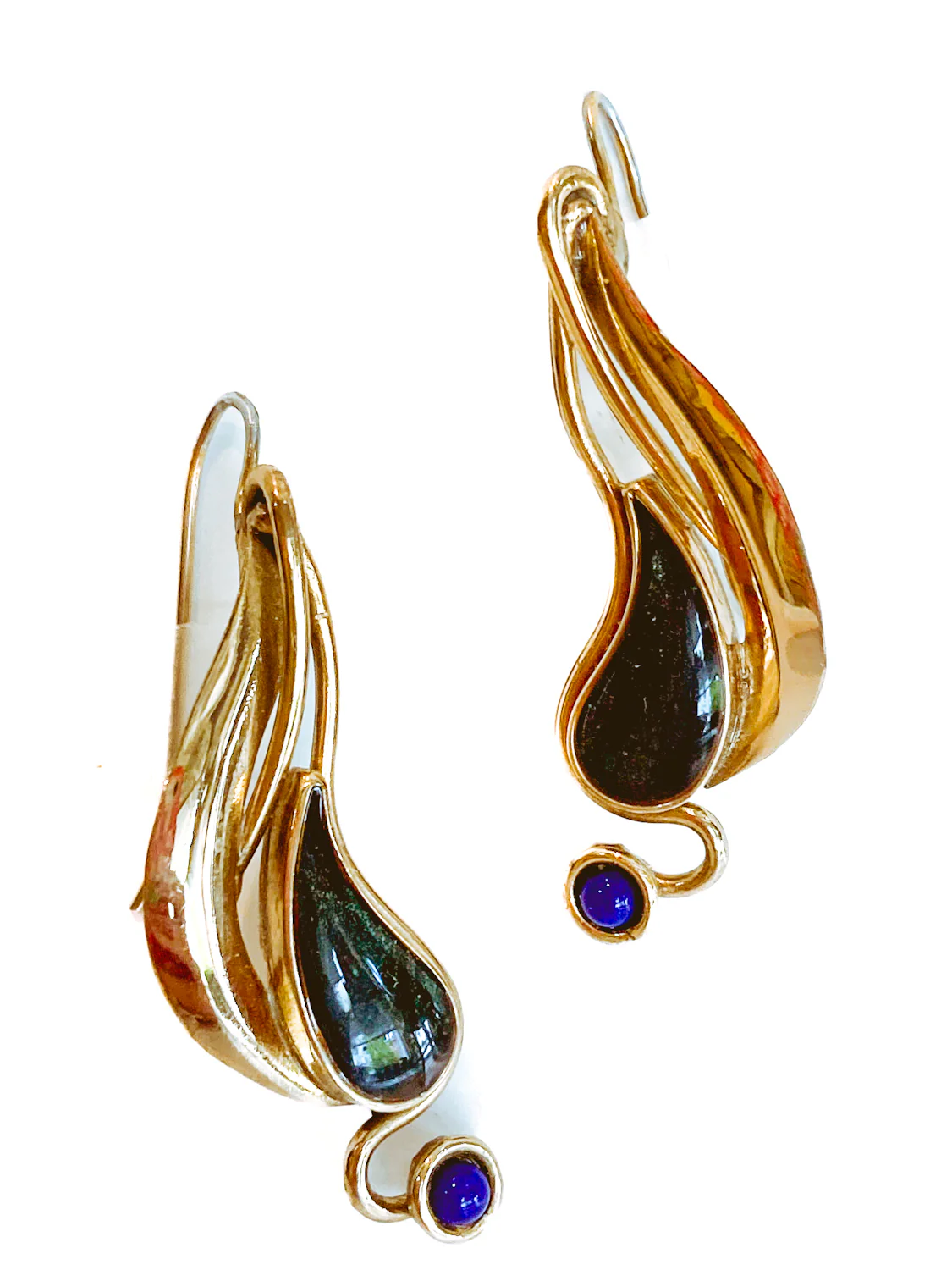Vintage Abstract Gold Silver Tear Drop Green Blue Accent Drop Earrings - Image 12