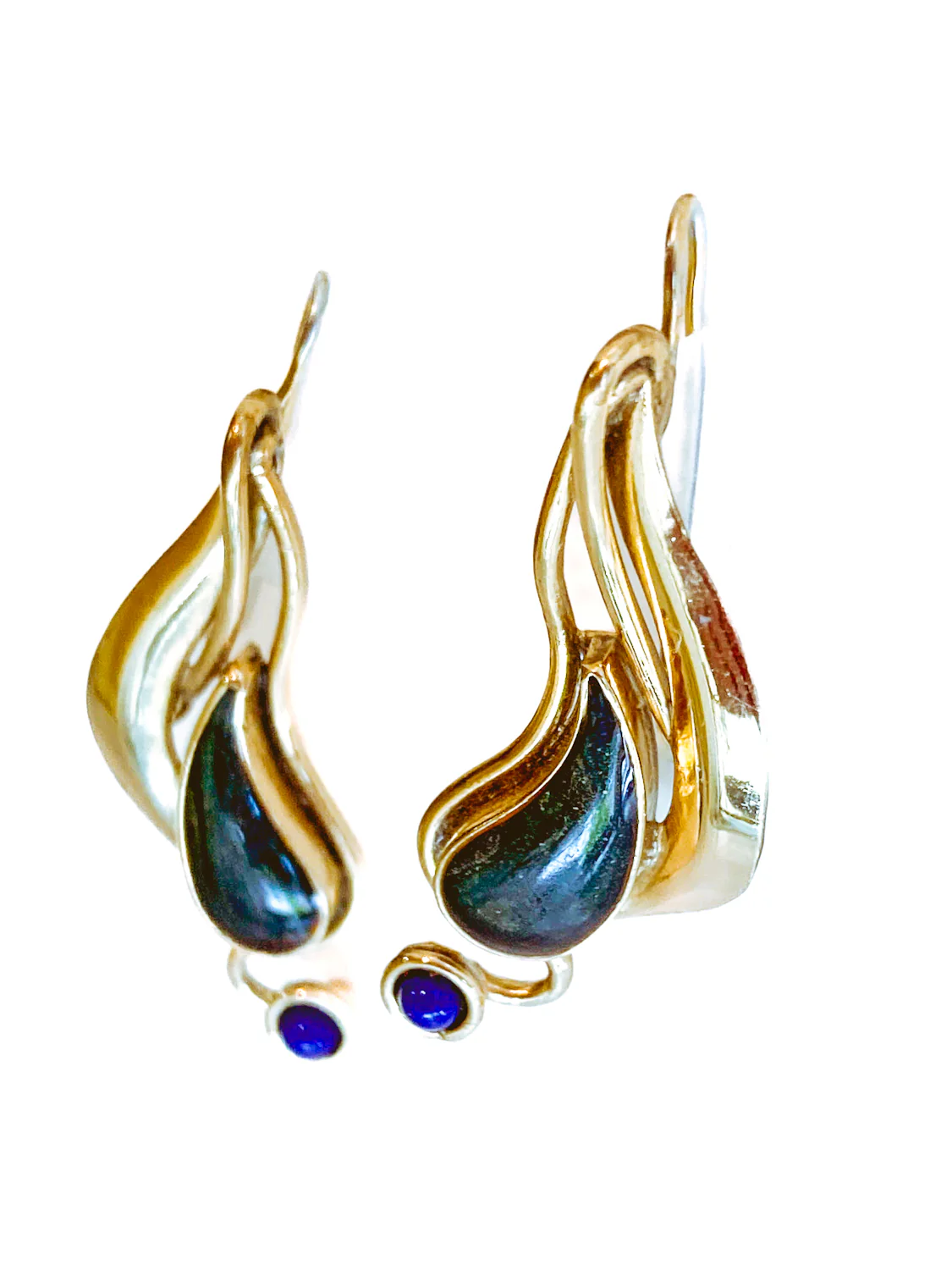 Vintage Abstract Gold Silver Tear Drop Green Blue Accent Drop Earrings - Image 13