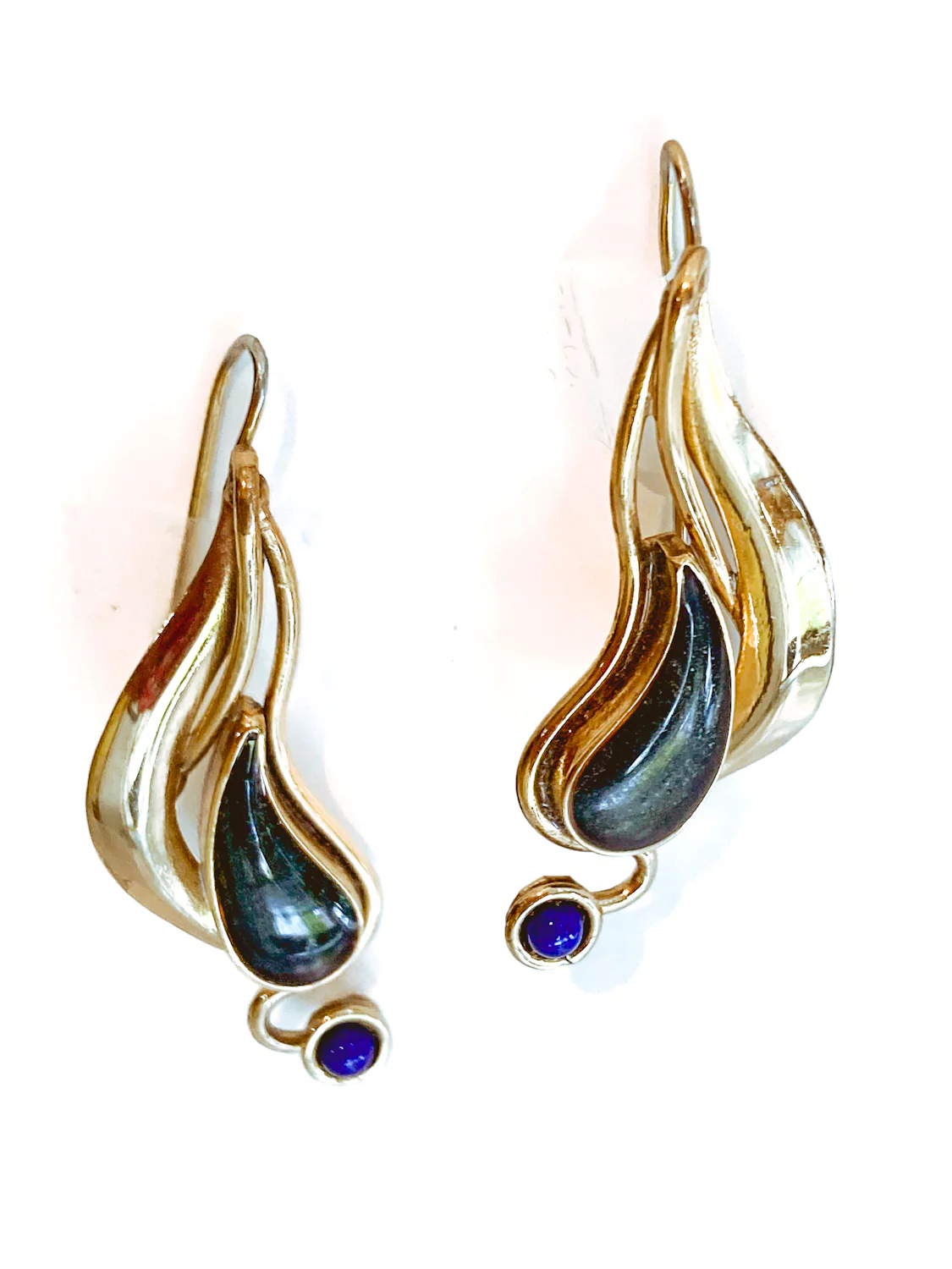 Vintage Abstract Gold Silver Tear Drop Green Blue Accent Drop Earrings - Image 15
