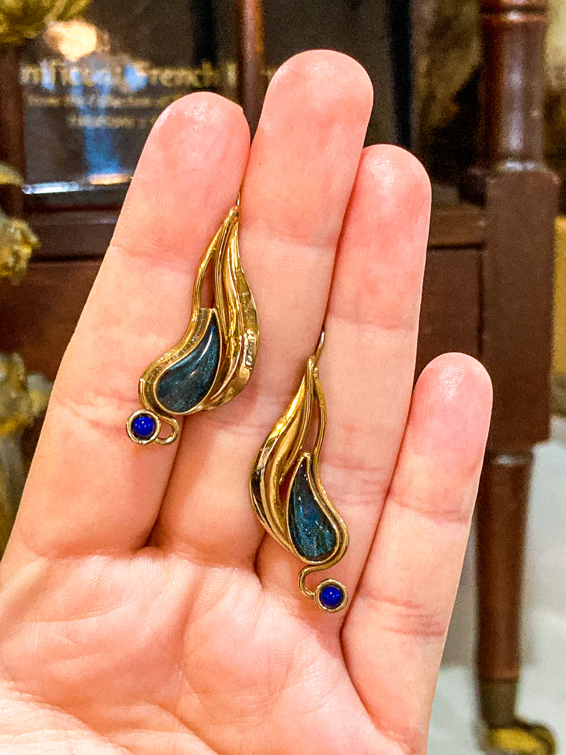 Vintage Abstract Gold Silver Tear Drop Green Blue Accent Drop Earrings - Image 6