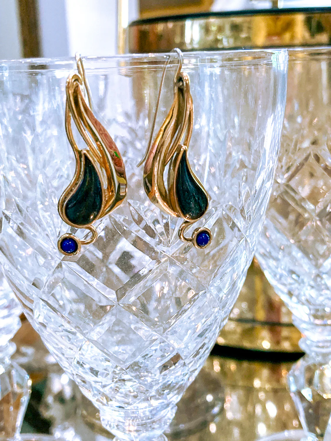 Vintage Abstract Gold Silver Tear Drop Green Blue Accent Drop Earrings - Image 9