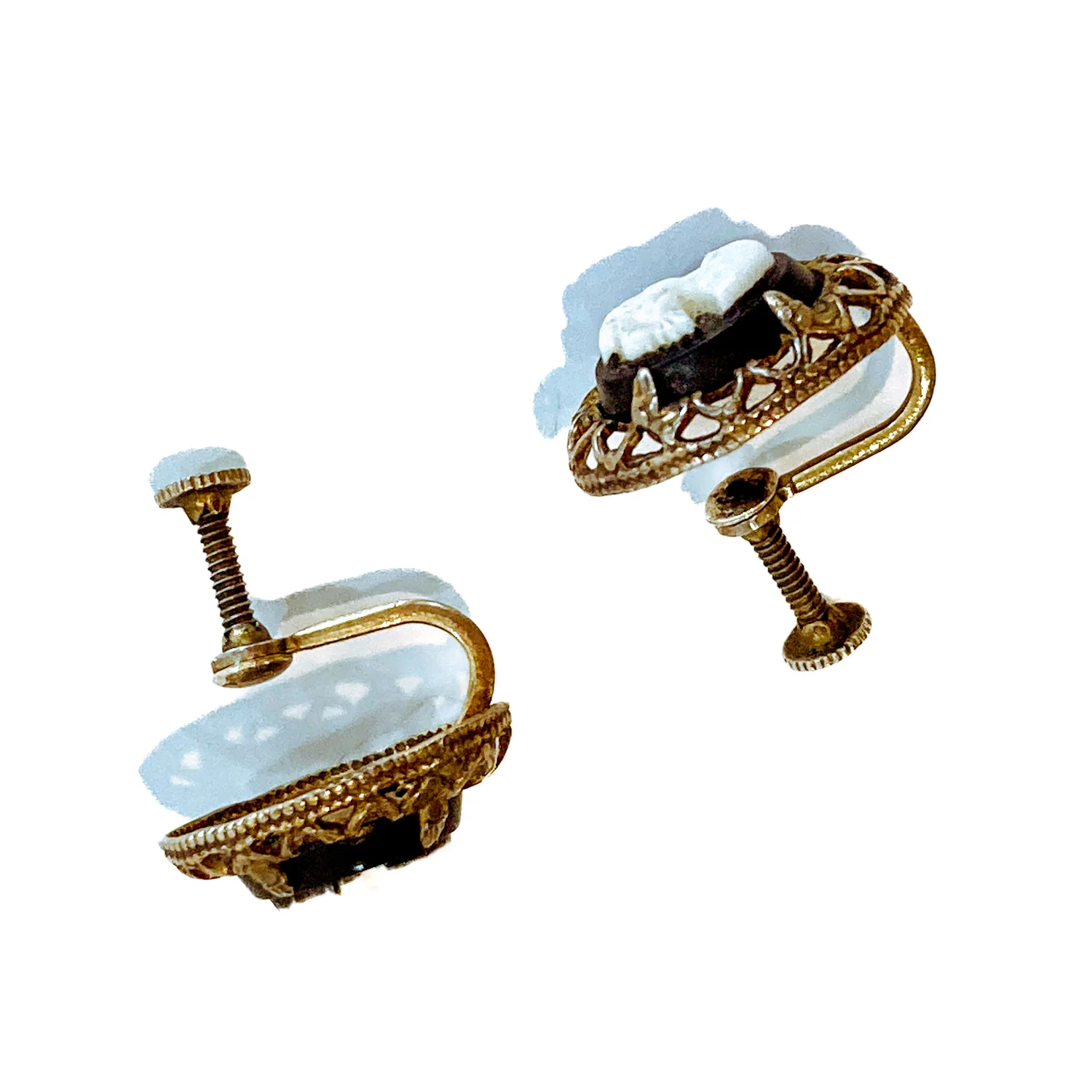Vintage Black Cameo Filigree Gold-tone Sterling Silver Screwback Earrings - Image 11