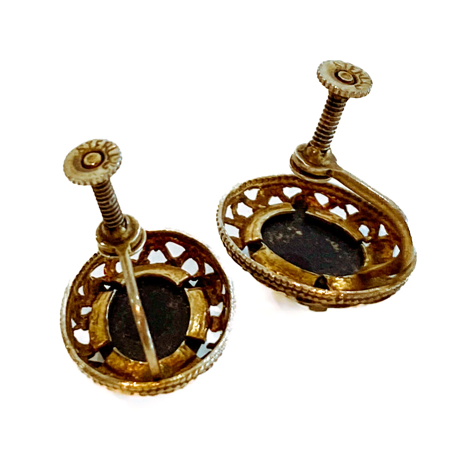 Vintage Black Cameo Filigree Gold-tone Sterling Silver Screwback Earrings - Image 12