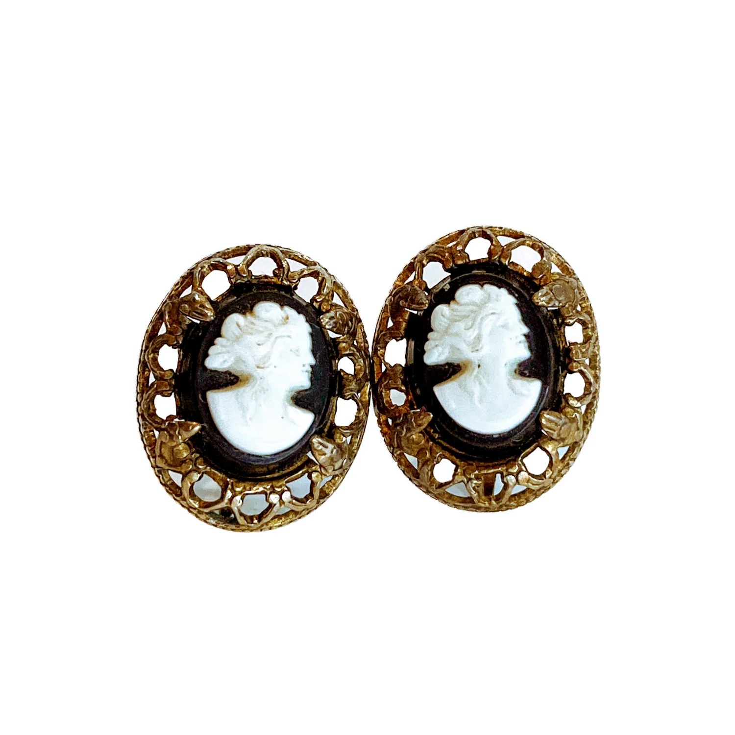 Vintage Black Cameo Filigree Gold-tone Sterling Silver Screwback Earrings - Image 5