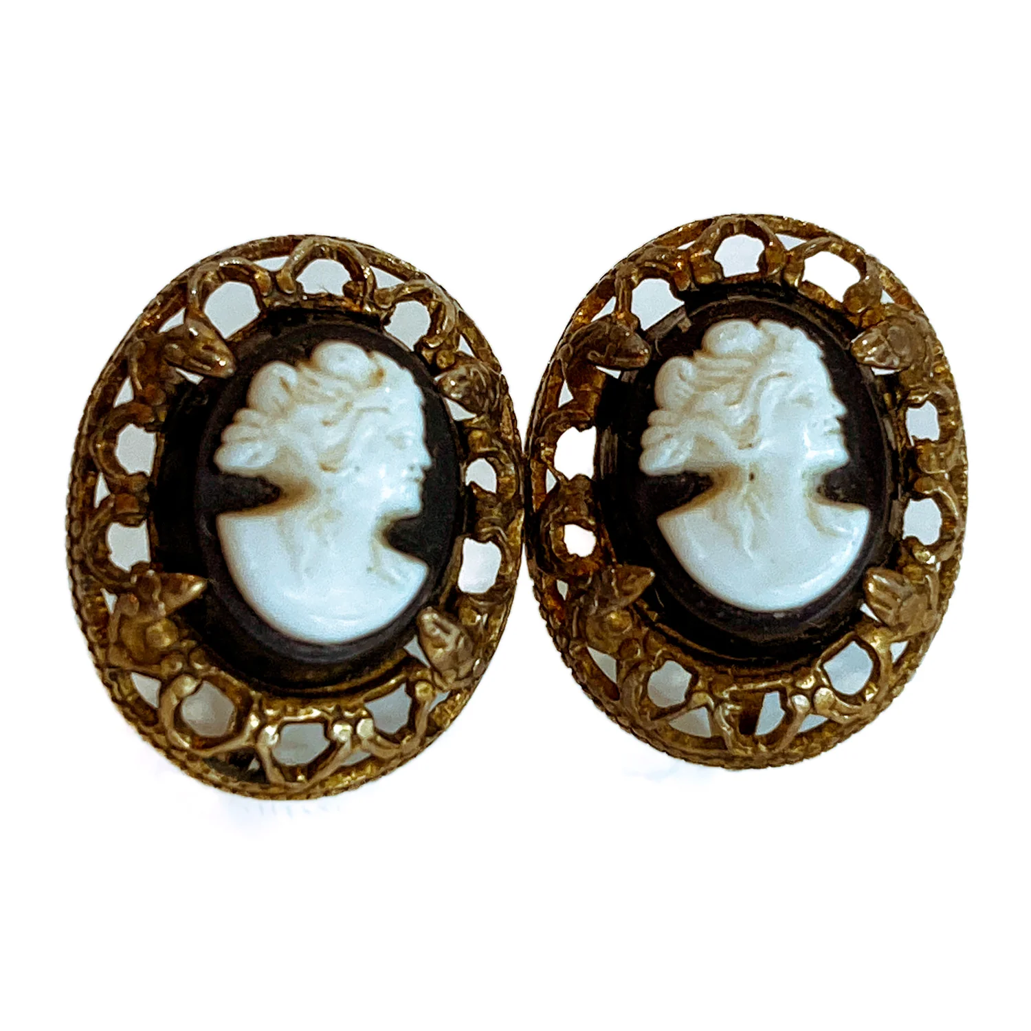 Vintage Black Cameo Filigree Gold-tone Sterling Silver Screwback Earrings - Image 6