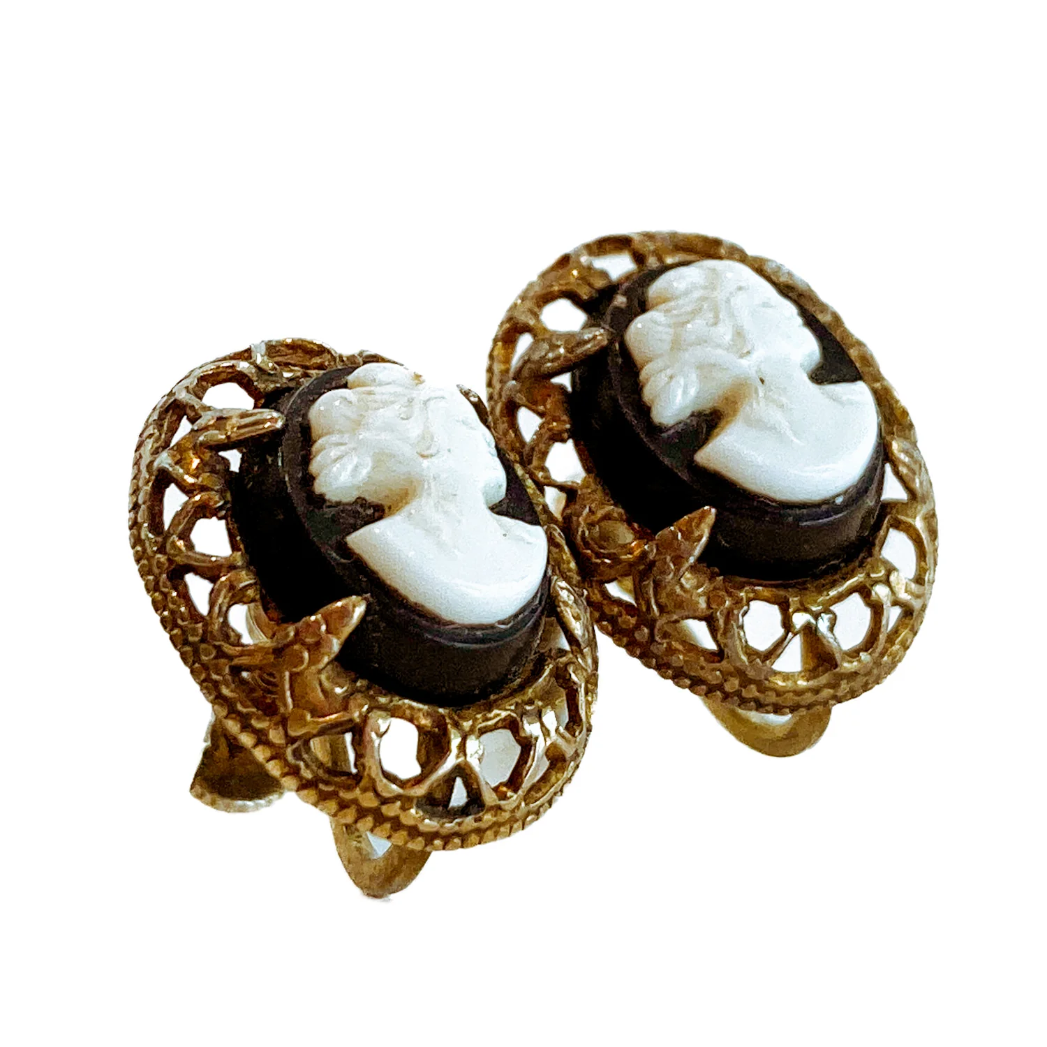 Vintage Black Cameo Filigree Gold-tone Sterling Silver Screwback Earrings - Image 8