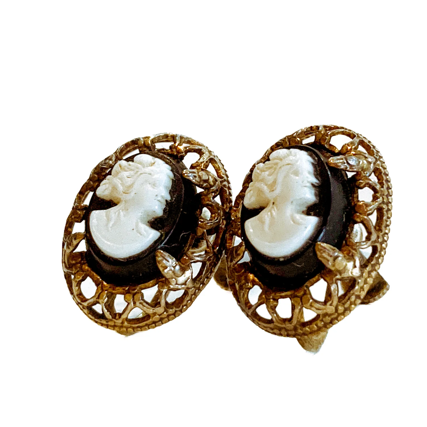 Vintage Black Cameo Filigree Gold-tone Sterling Silver Screwback Earrings - Image 9