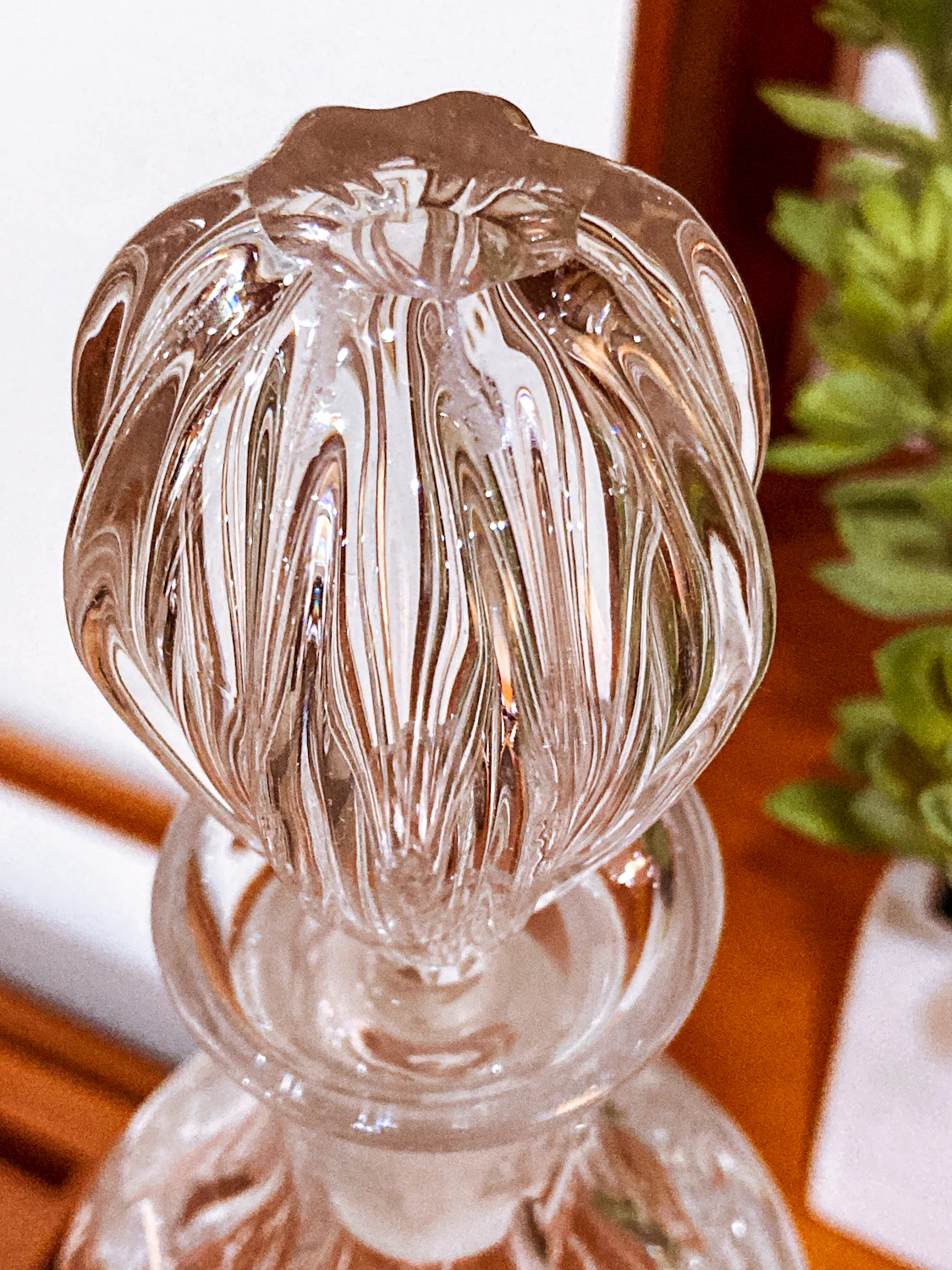Vintage Clear Glass Etched Details Sculptural Stopper Decanter Barware - Image 6
