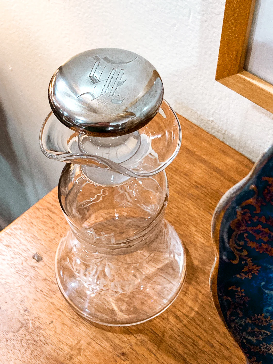 Vintage Cut Crystal Etched Sterling Silver Stopper Oil Vinegar Cruet Jar - Image 4