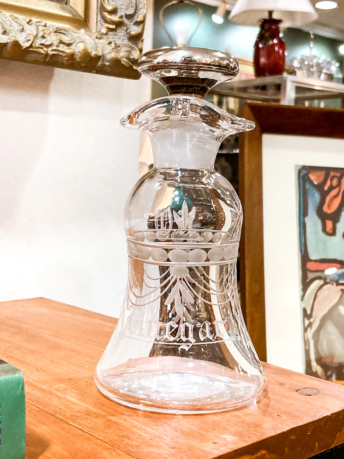 Vintage Cut Crystal Etched Sterling Silver Stopper Oil Vinegar Cruet Jar - Image 6