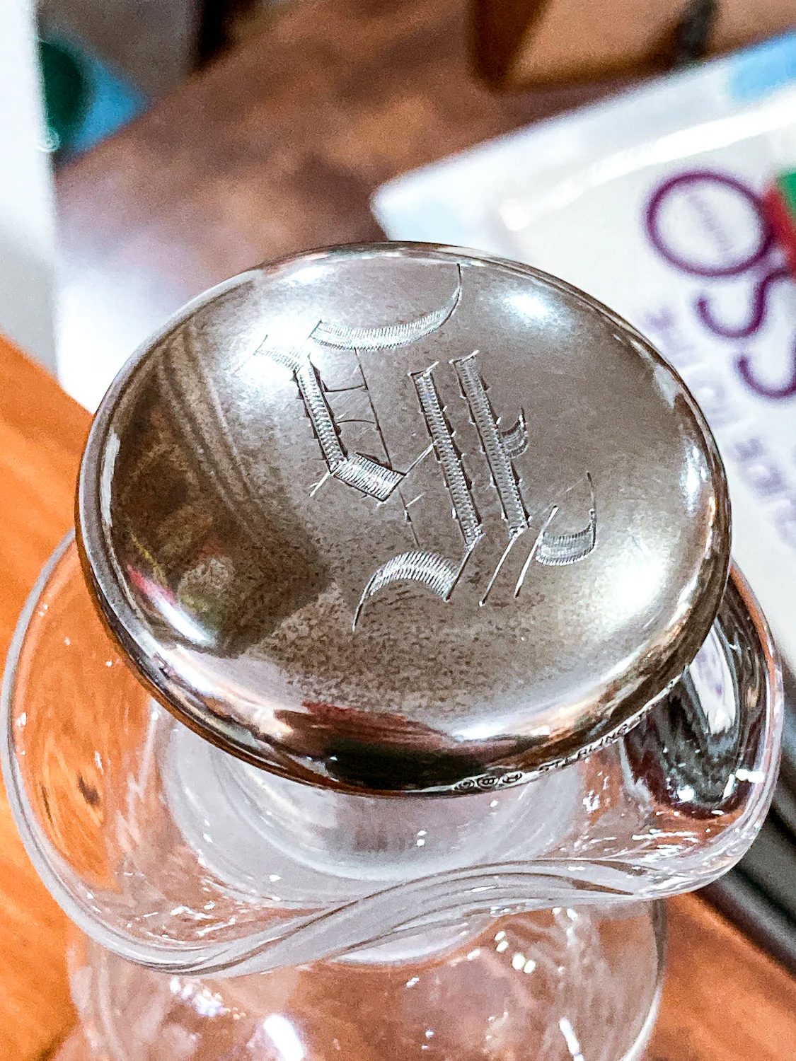 Vintage Cut Crystal Etched Sterling Silver Stopper Oil Vinegar Cruet Jar - Image 8