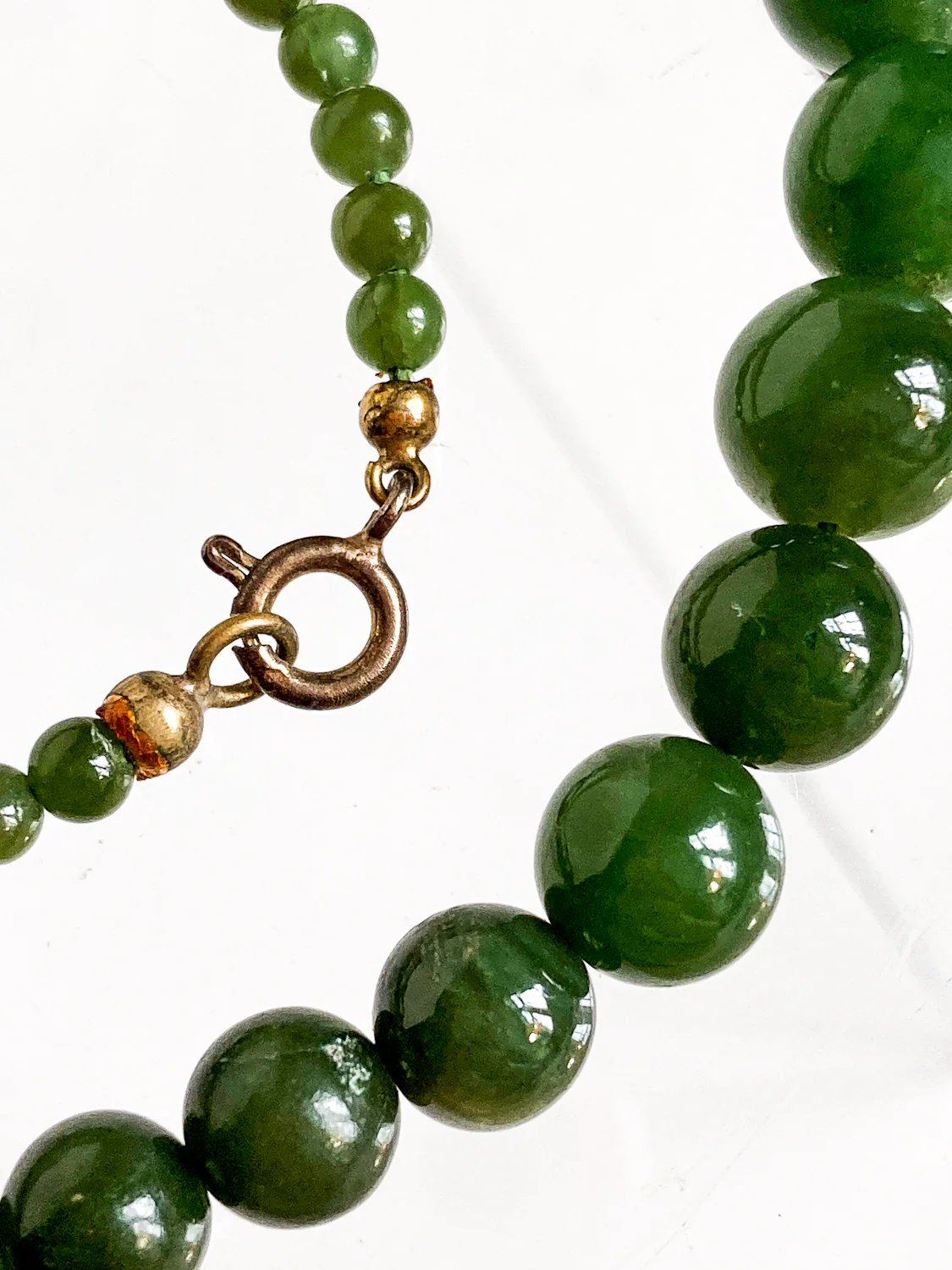 Vintage Graduated Green Nephrite Stone Bead Elongated Necklace - Image 9