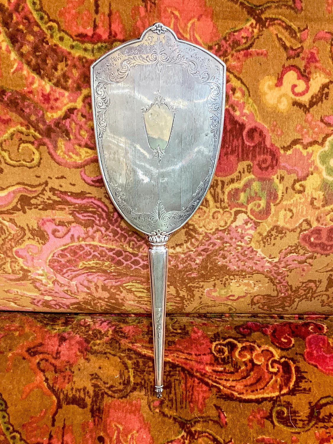 Vintage Engraved Sterling Silver Haddon Hall Elongated Vanity Hand Mirror - Image 7