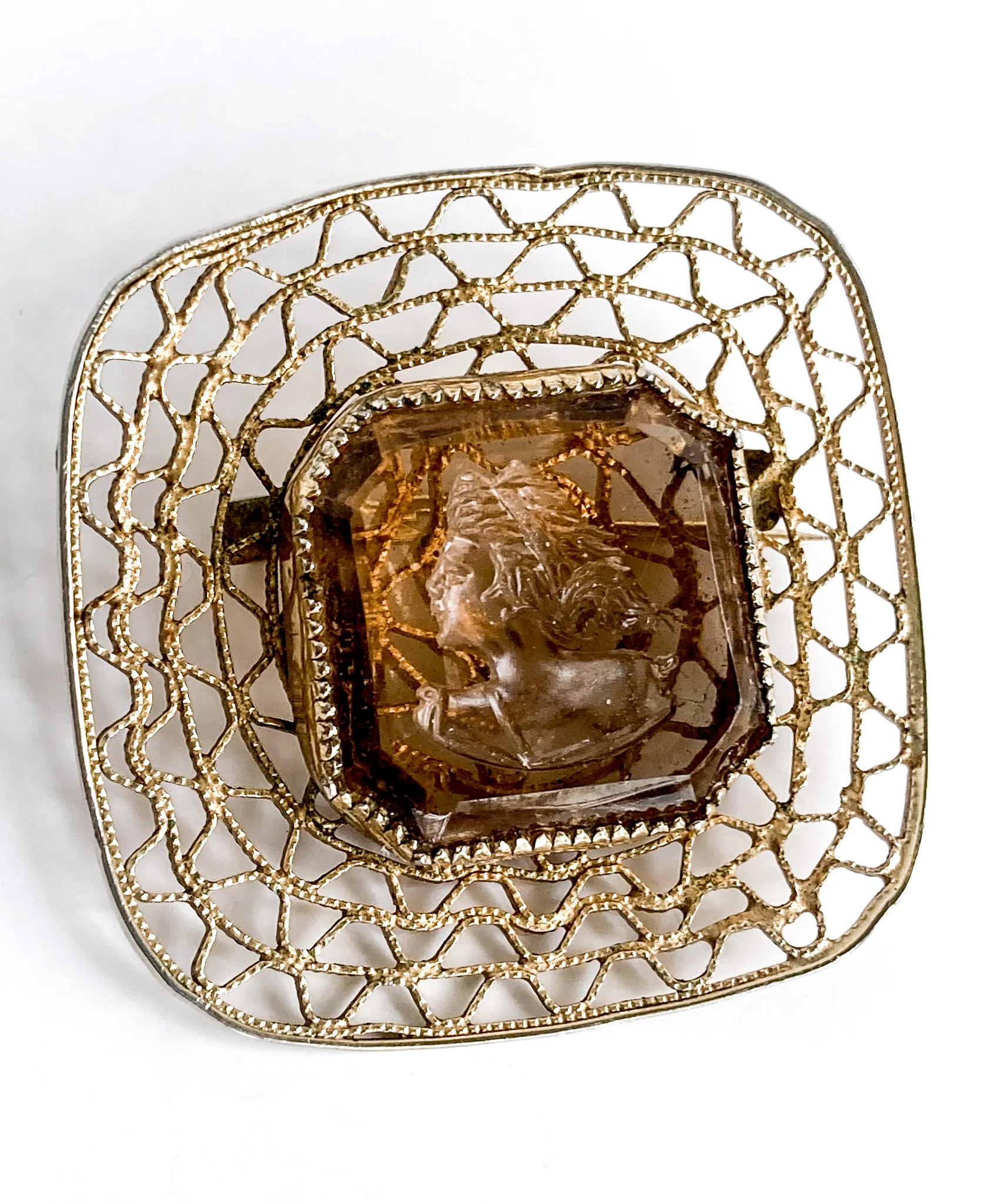 Vintage Topaz Glass Intaglio Relief Classic Cameo Gold Filigree Brooch Pin - Image 14
