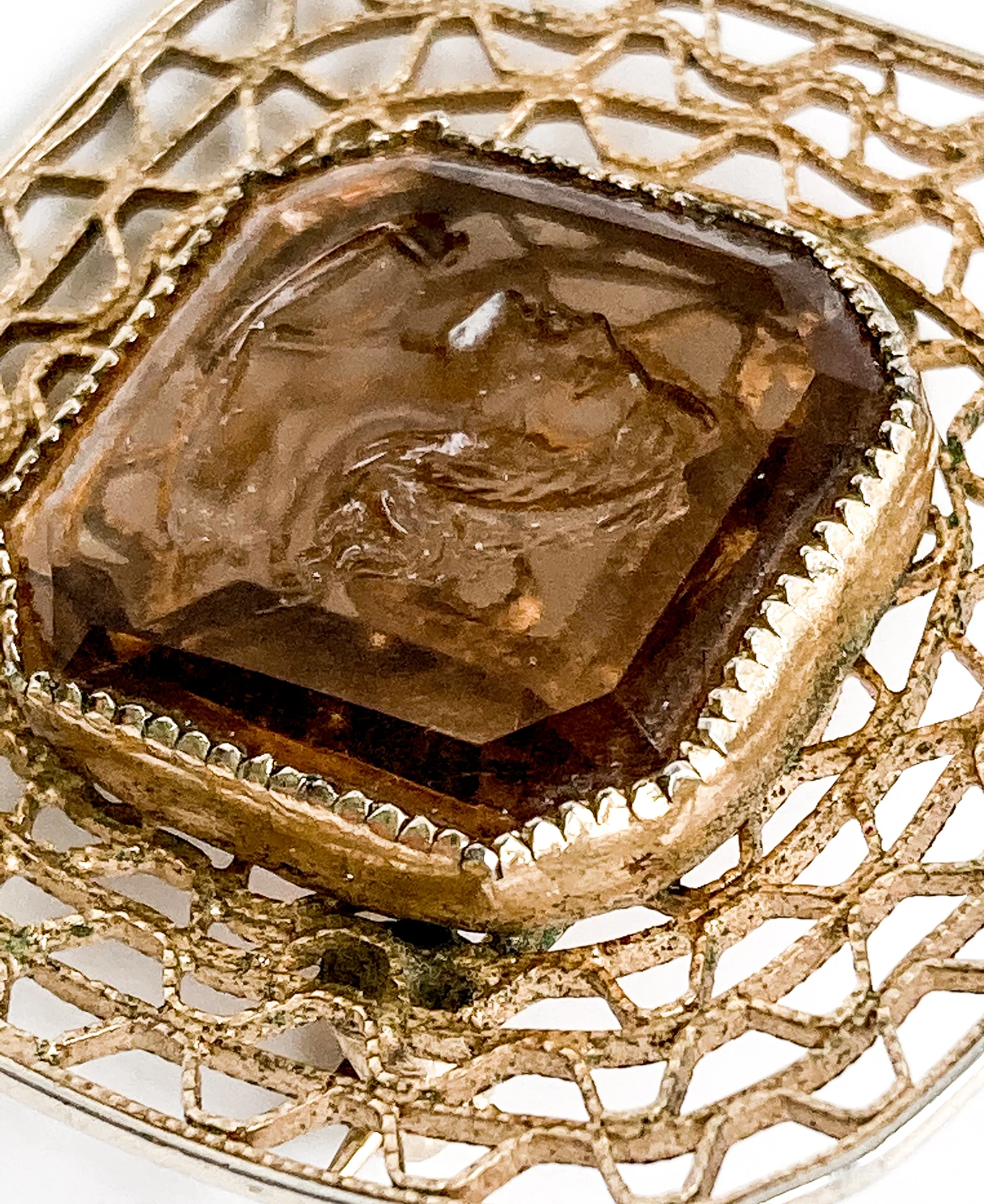 Vintage Topaz Glass Intaglio Relief Classic Cameo Gold Filigree Brooch Pin - Image 18