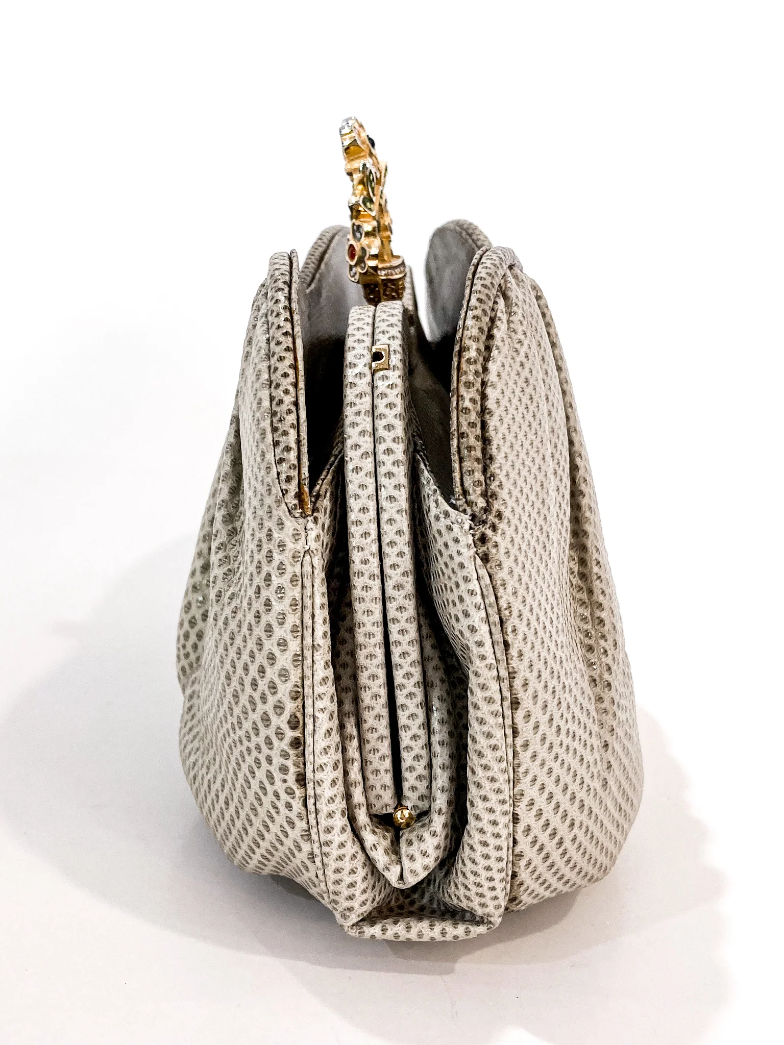 Vintage Judith Leiber Champagne Snakeskin Floral Clasp Crossbody Clutch Bag - Image 14