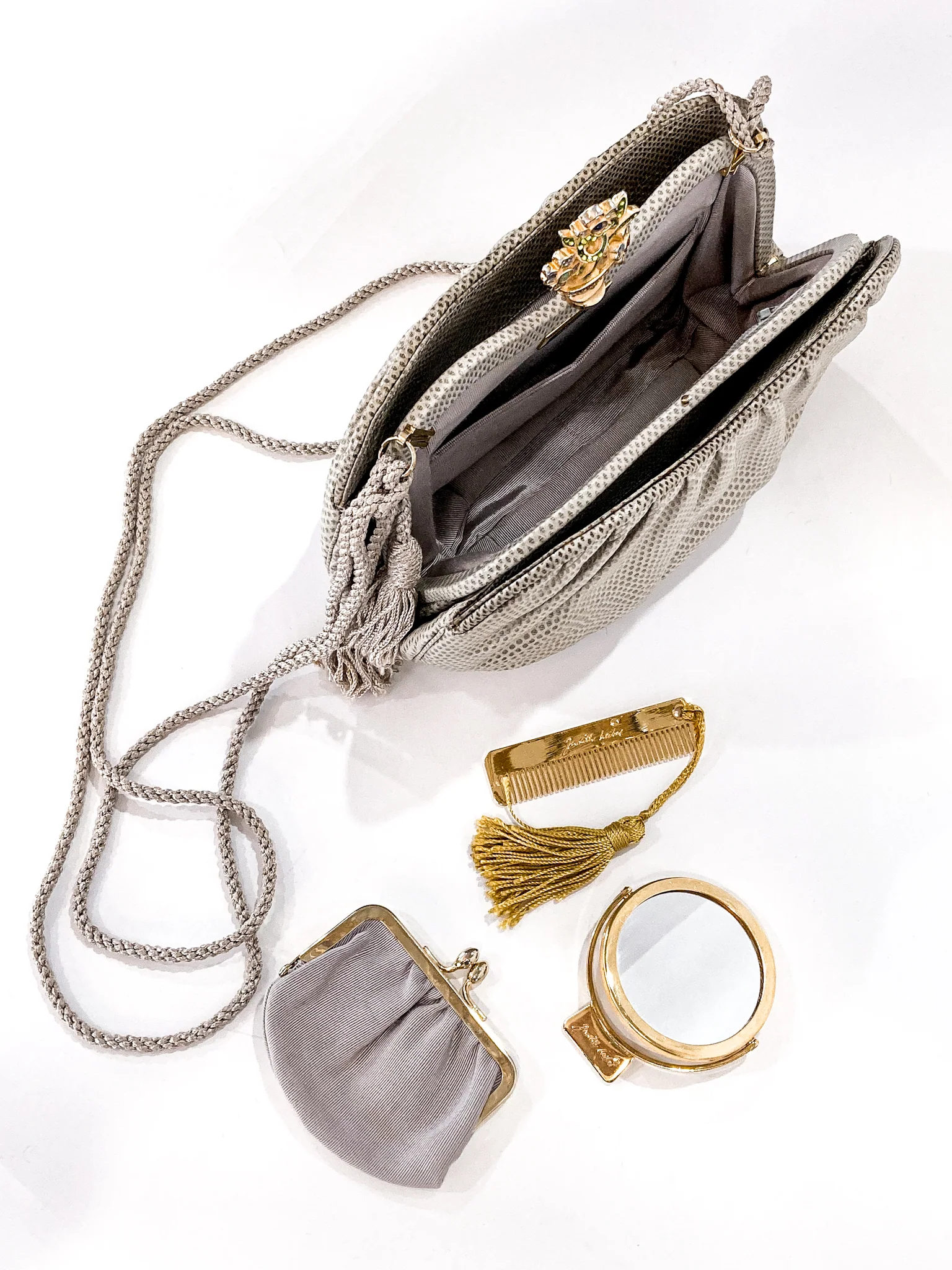 Vintage Judith Leiber Champagne Snakeskin Floral Clasp Crossbody Clutch Bag - Image 18